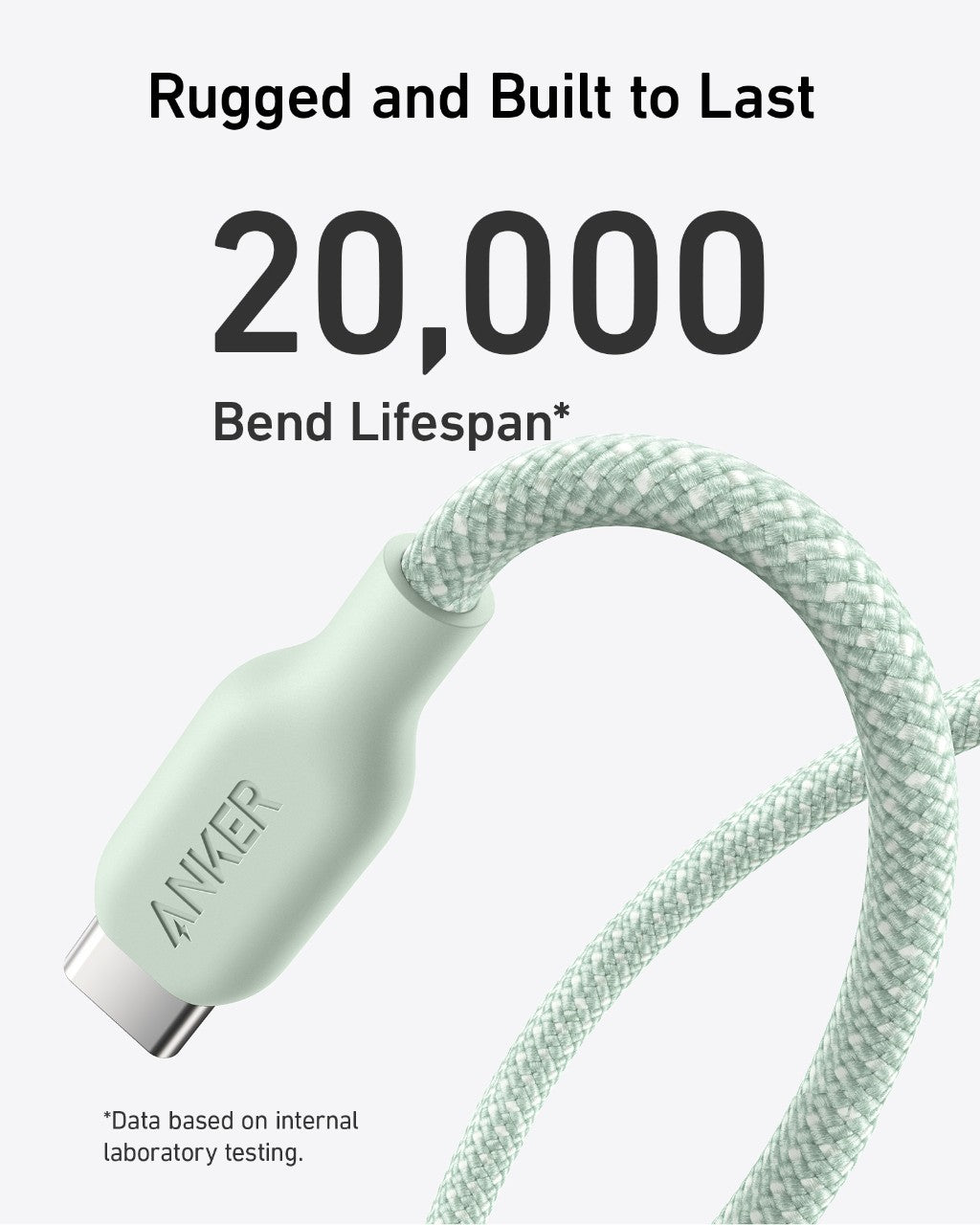 Close-up of Anker 543 USB-C to USB-C Cable (Bio-Braided) in green, flexing to show its braided build. Text: “Rugged and Built to Last—20,000 Bend Lifespan*.” *Based on internal Anker laboratory testing.