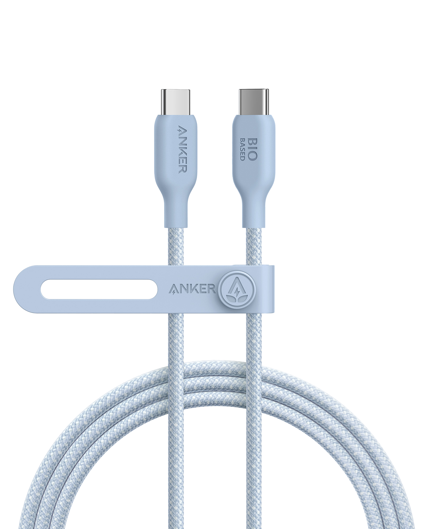 The Anker 543 USB-C to USB-C Cable (Bio-Braided) by Anker features a light blue bio-based nylon braid, dual USB-C “ANKER” and “BIO BASED” connectors, and a matching cable organizer with the Anker logo, shown on a white background.