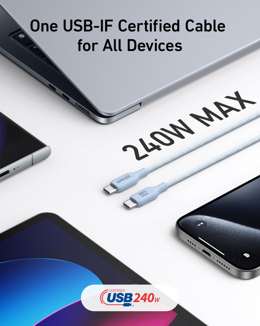 The Anker 543 USB-C to USB-C Cable (Bio-Braided) lies diagonally beneath a “240W MAX” label, surrounded by a laptop, tablet, and smartphone—an eco-friendly nylon cable for fast, reliable charging of all your devices.