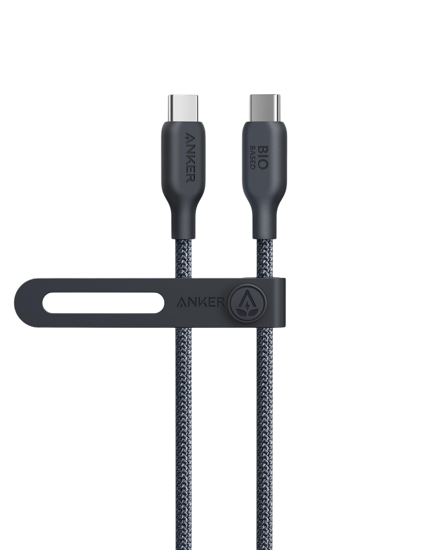 The Anker 543 USB-C to USB-C Cable (Bio-Braided) in dark gray is shown vertically with both connectors labeled—one ANKER, one BIO BASED. A flat, looped black organizer with the Anker logo secures the durable braided cable against a white background.