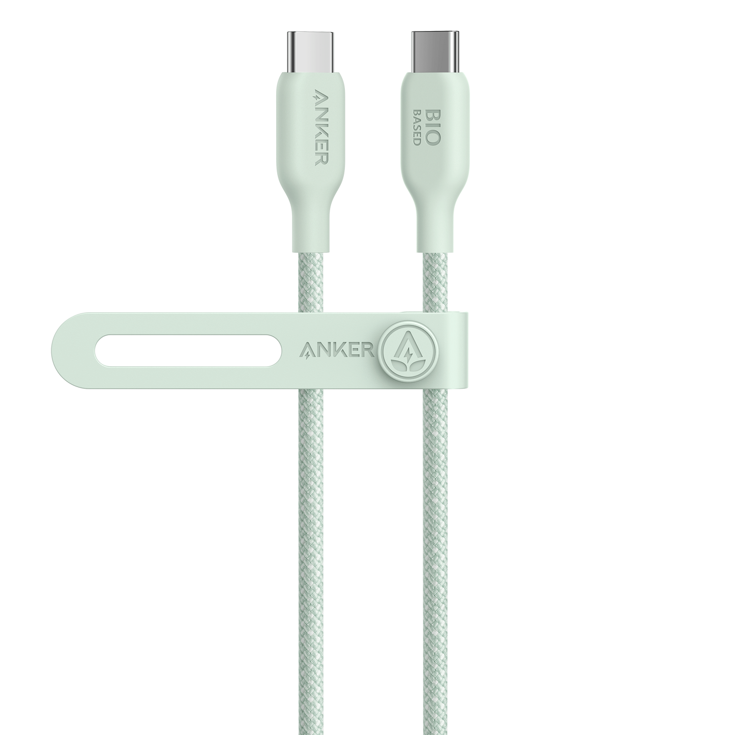 The Anker 543 USB-C to USB-C Cable (Bio-Braided) is a light green, durable charging cable with braided, bio-based nylon. The ANKER logo appears on the connectors and strap, and "BIO BASED" is labeled on the right connector against a white background.