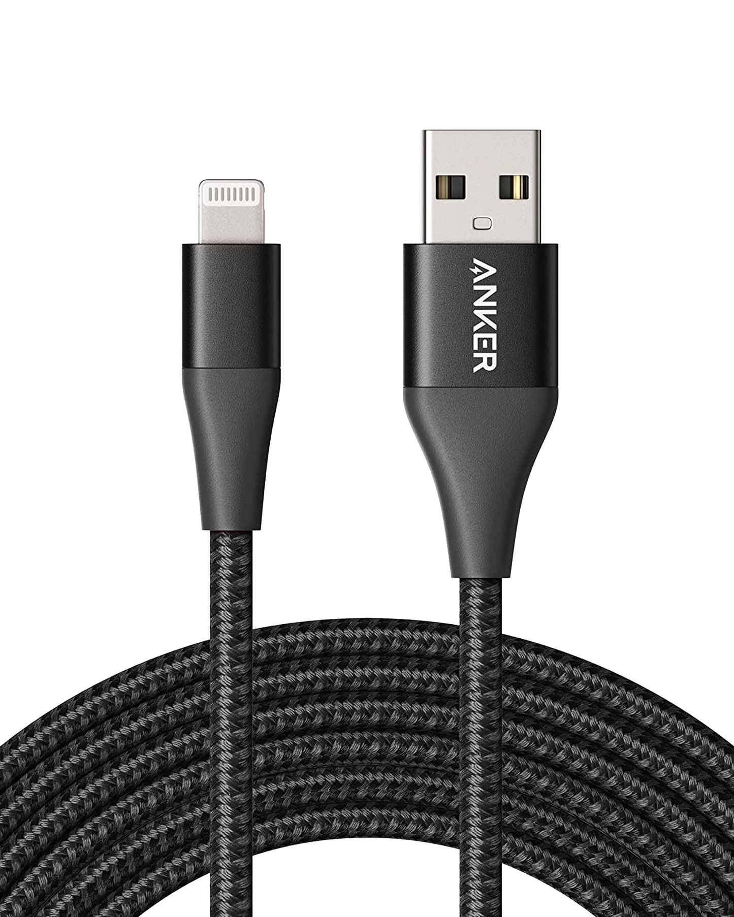 Close-up of the Anker 551 USB-A to Lightning Cable (10 ft), MFi certified, featuring USB-A and Lightning connectors. The neatly coiled cable is shown against a plain white background.