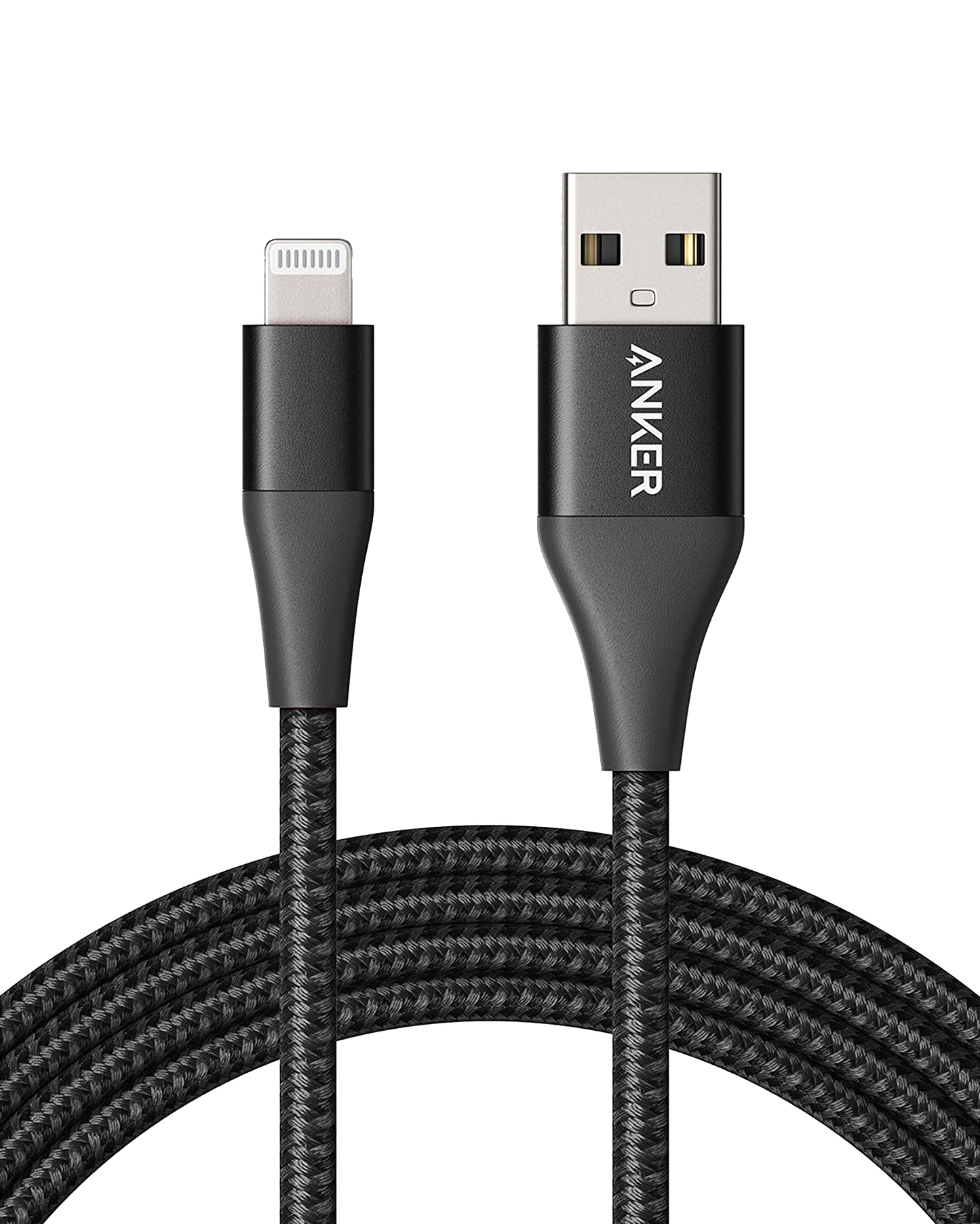A close-up of the Anker 551 USB-A to Lightning Cable, featuring a black braided design and ANKER branding, displays the USB-A connector on the right and Lightning connector on the left. The MFi certified cable is partially coiled on a white background.