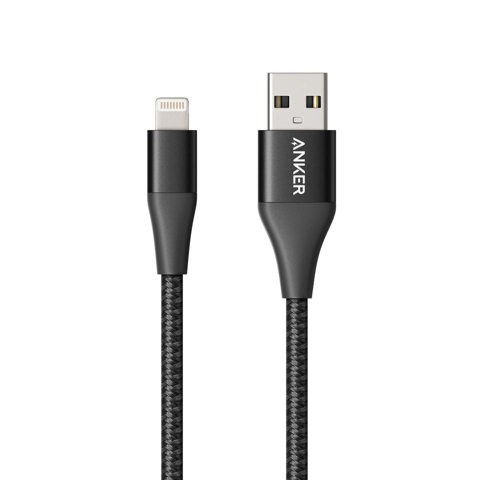 The Anker 551 USB-A to Lightning Cable, shown in black with a braided design and smooth casings, features MFi certification. The left end has a Lightning connector and the right end has a USB-A plug, seen against a white background. Available in 3 ft, 6 ft, and 10 ft lengths.