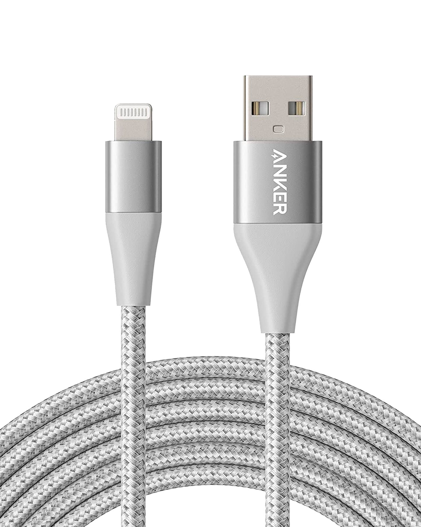 A close-up of the gray, MFi-certified Anker 551 USB-A to Lightning Cable (10 ft) shows its braided design and metallic silver connectors against a white background.