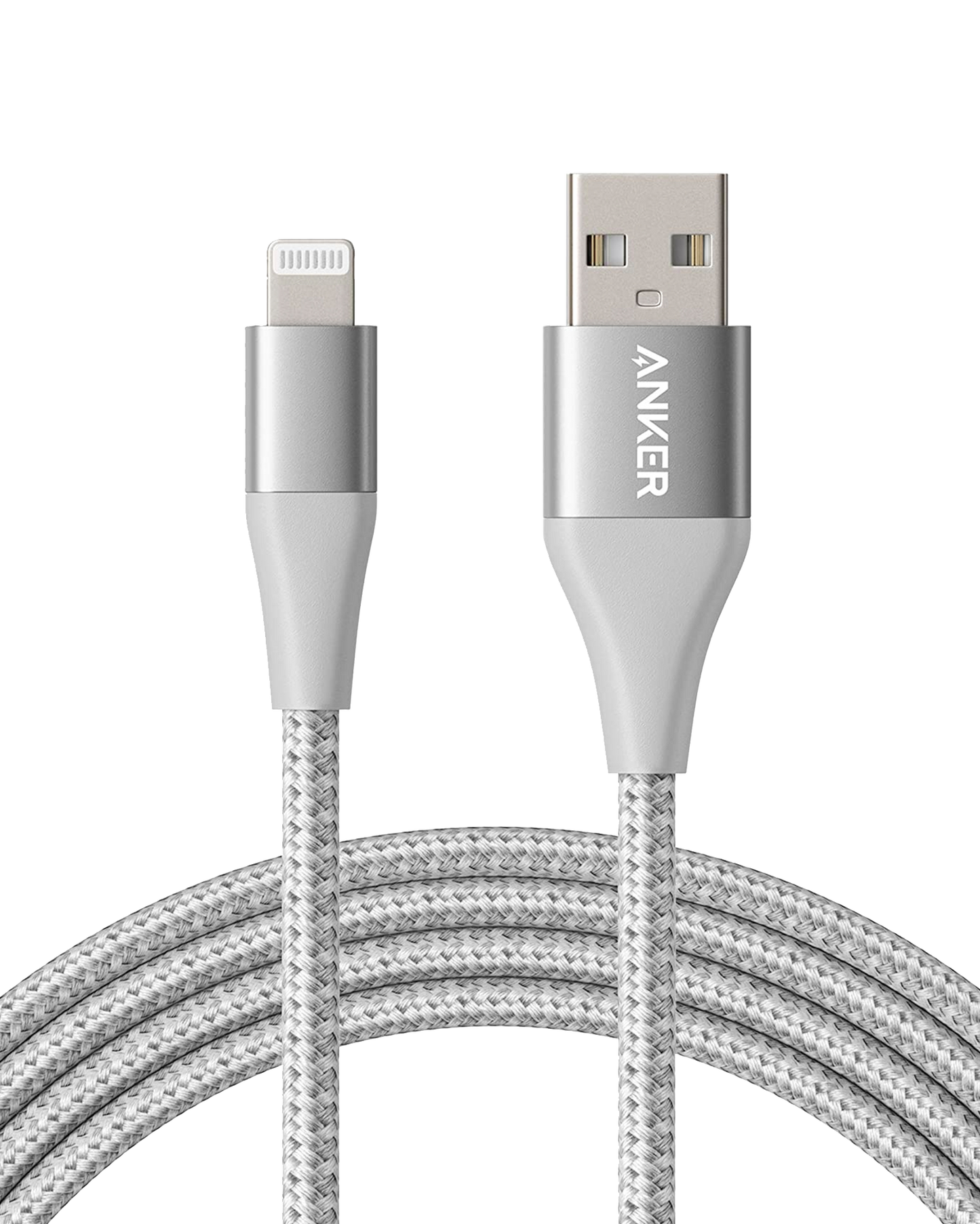 The Anker 551 USB-A to Lightning Cable, available in 3 ft, 6 ft, or 10 ft lengths, features a silver braided design and MFi certification; the Anker logo appears on the USB-A end against a plain white background.