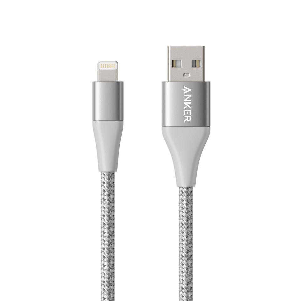 Anker 551 USB-A to Lightning Cable (10 ft), MFi certified, features a braided silver design with metallic connectors, shown against a plain white background.