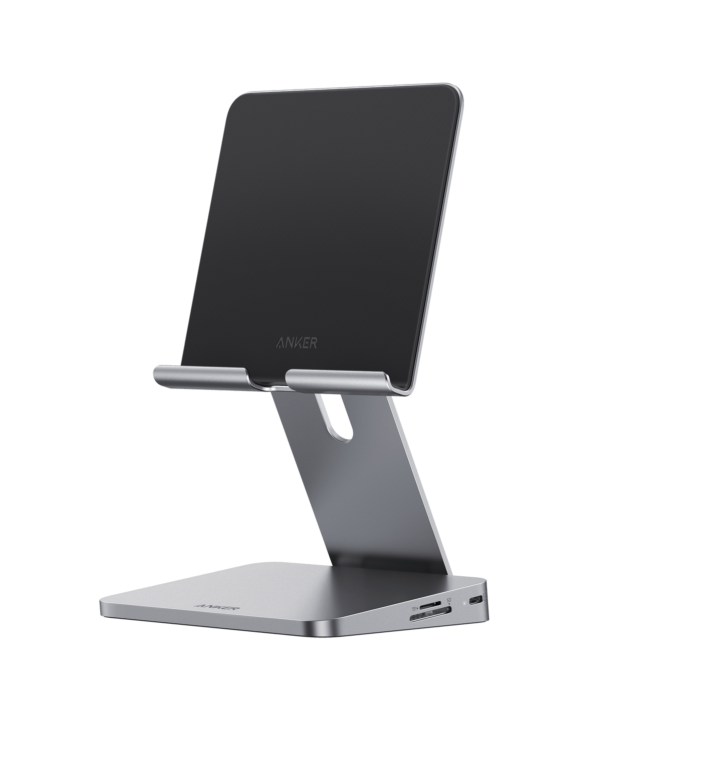 The Anker 551 USB-C Hub (8-in-1, Tablet Stand) features a sleek metallic gray design with HDMI, USB-C ports, memory card slots in its sturdy base, and an angled support for stable tablet placement—shown on a plain white background.