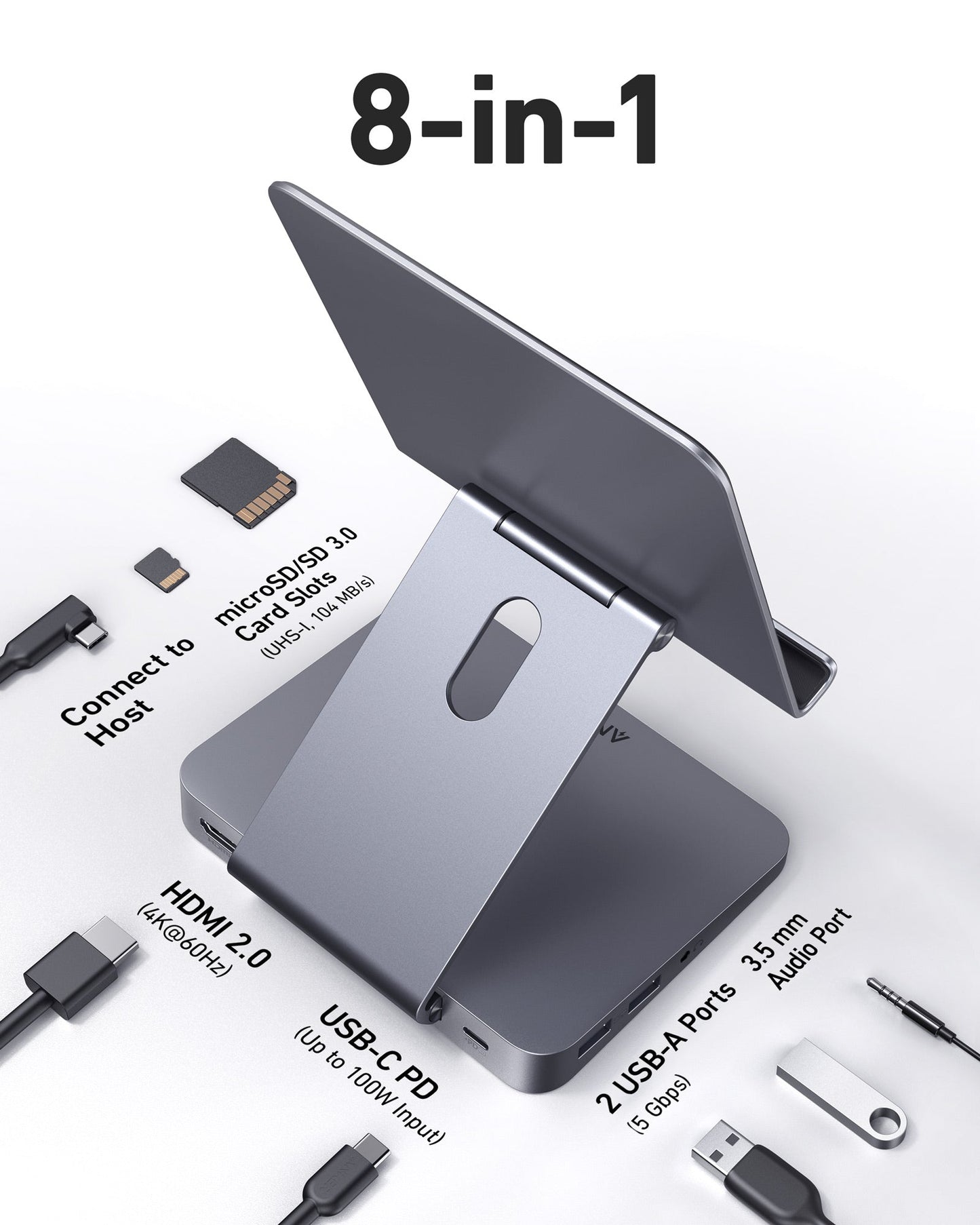 The Anker 551 USB-C Hub (8-in-1, Tablet Stand) by Anker is shown upright, featuring labeled ports: HDMI 2.0, microSD/SD 3.0, USB-C PD, dual USB-A ports, a 3.5mm audio jack, and host connections with cables beside each port.