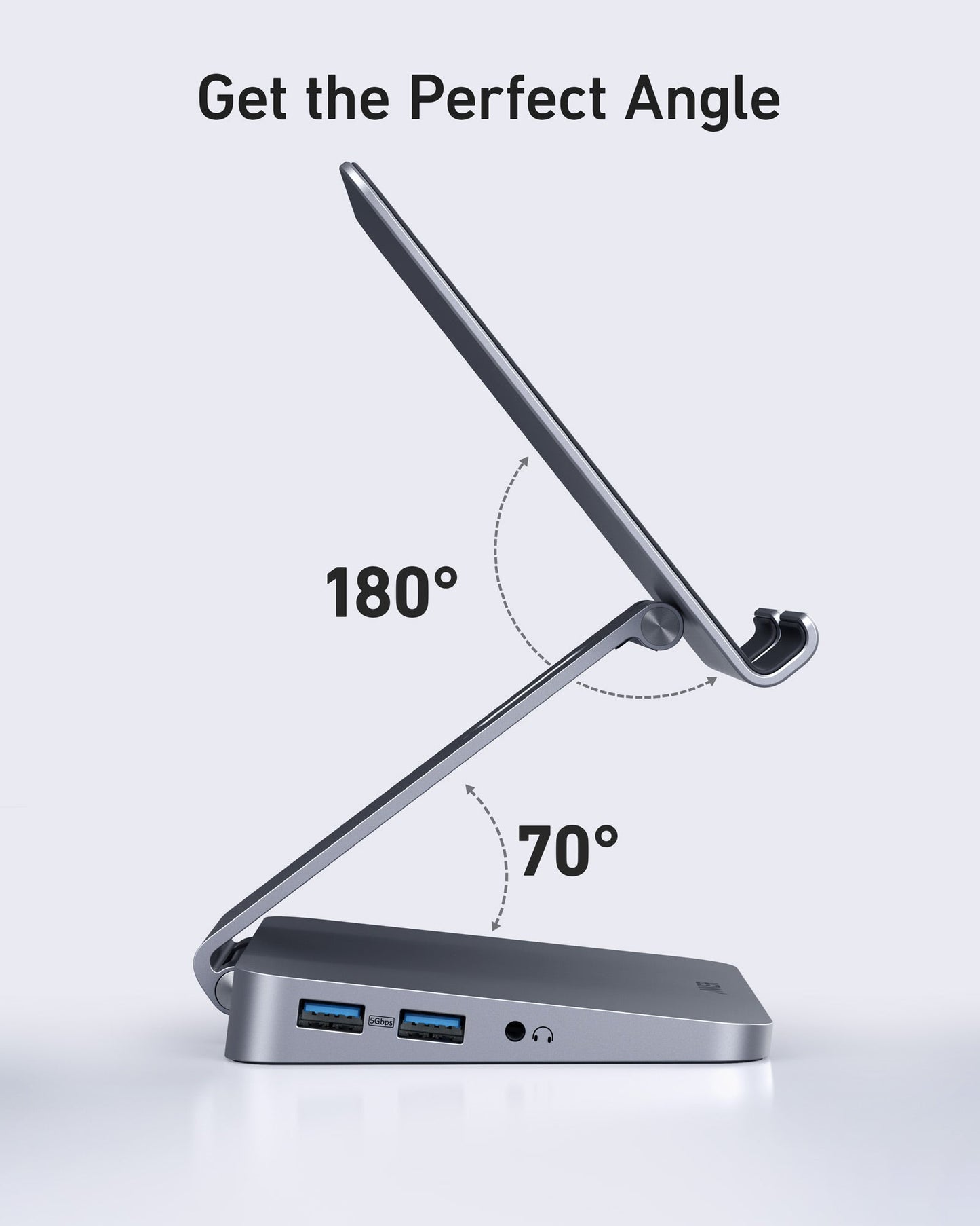 Anker <b>551</b> USB-C Hub (8-in-1, Tablet Stand) in sleek silver is shown side view, holding a device at adjustable angles (70°–180°). The base includes two USB ports, an audio jack, and USB-C docking support. Text: “Get the Perfect Angle.” Light gray background.