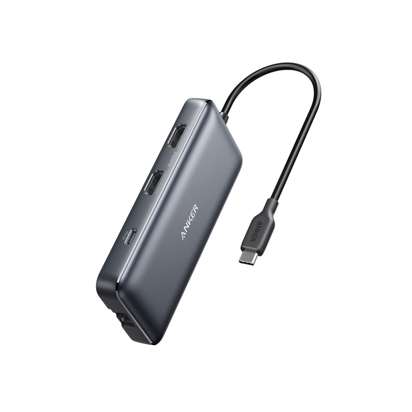 The Anker 553 USB-C Hub (8-in-1) is a sleek, rectangular hub with a short black cable and metallic finish. It features dual HDMI, USB-A, USB-C with Power Delivery, and more. The Anker logo appears on top against a white background.
