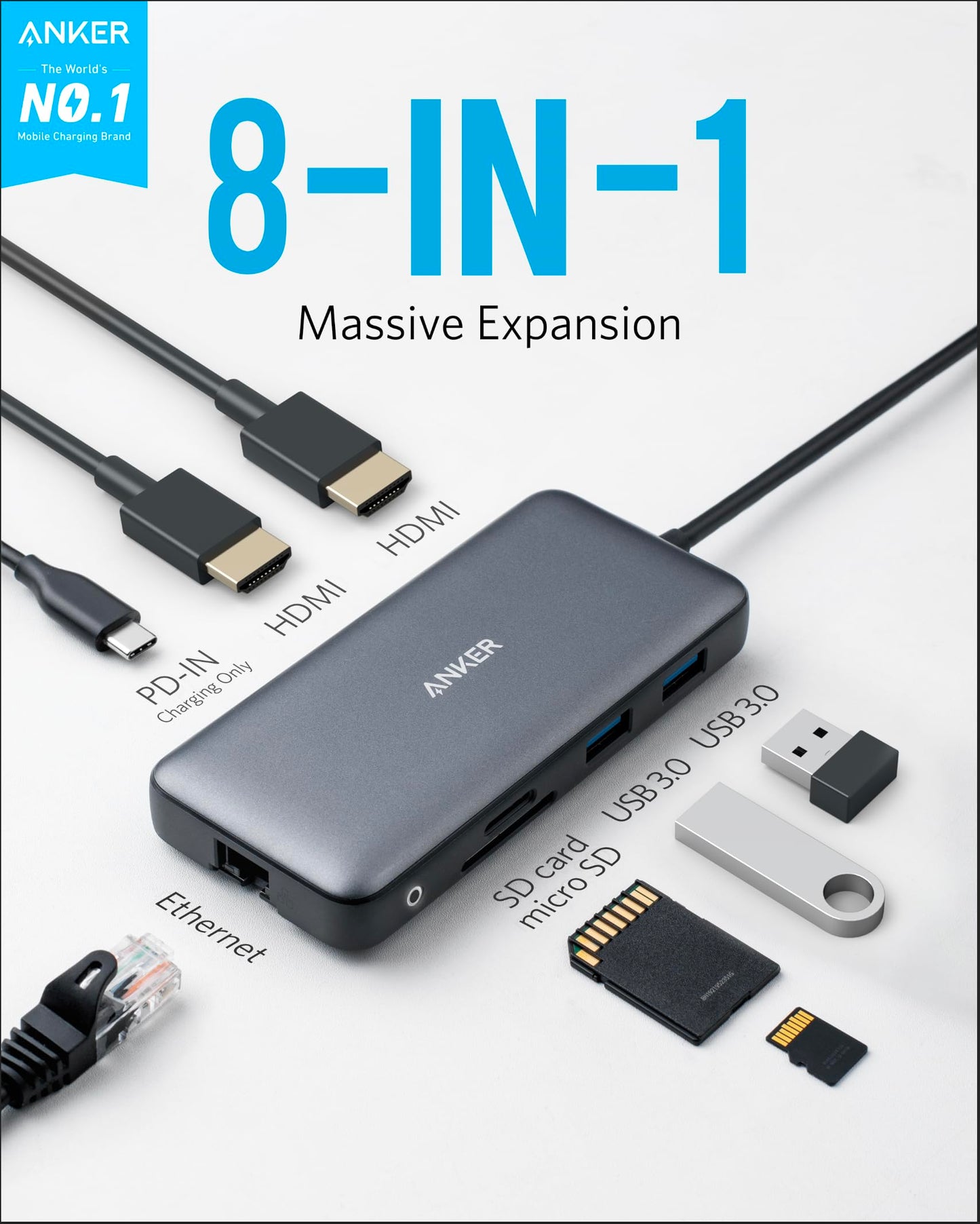 The Anker <b>553</b> USB-C Hub (8-in-1) by Anker is displayed with labeled ports: PD/IN, dual HDMI, Ethernet, USB 3.0, SD/micro SD. Cables/devices show compatibility. Text emphasizes "8-IN-1 Massive Expansion.