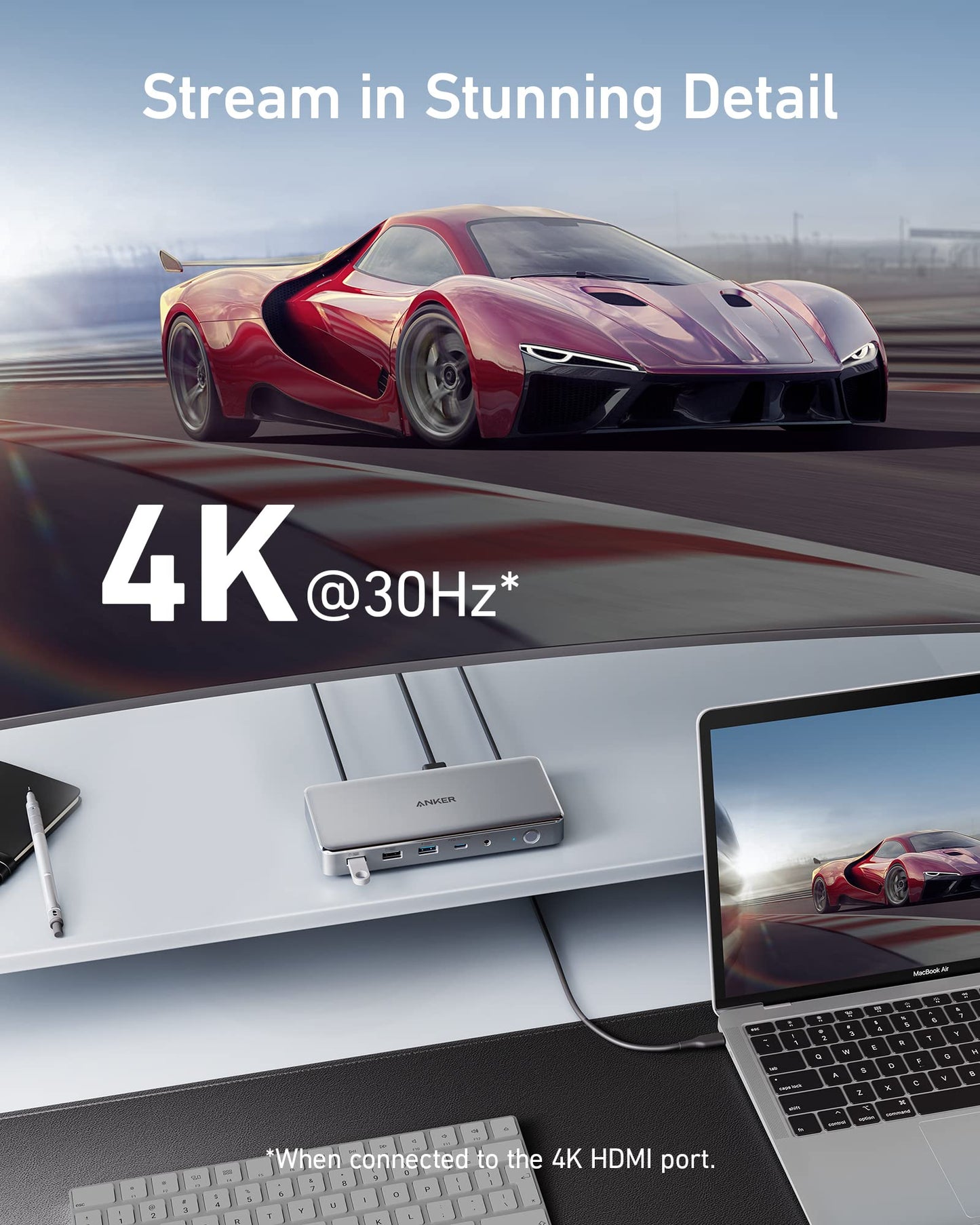 A graphic shows a sleek red sports car speeding on a track, with text: Stream in Stunning Detail. Below, Anker <b>563</b> USB-C Docking Station (10-in-1) displays vivid 4K @ 30Hz* via the HDMI port. *When connected to the 4K HDMI port.