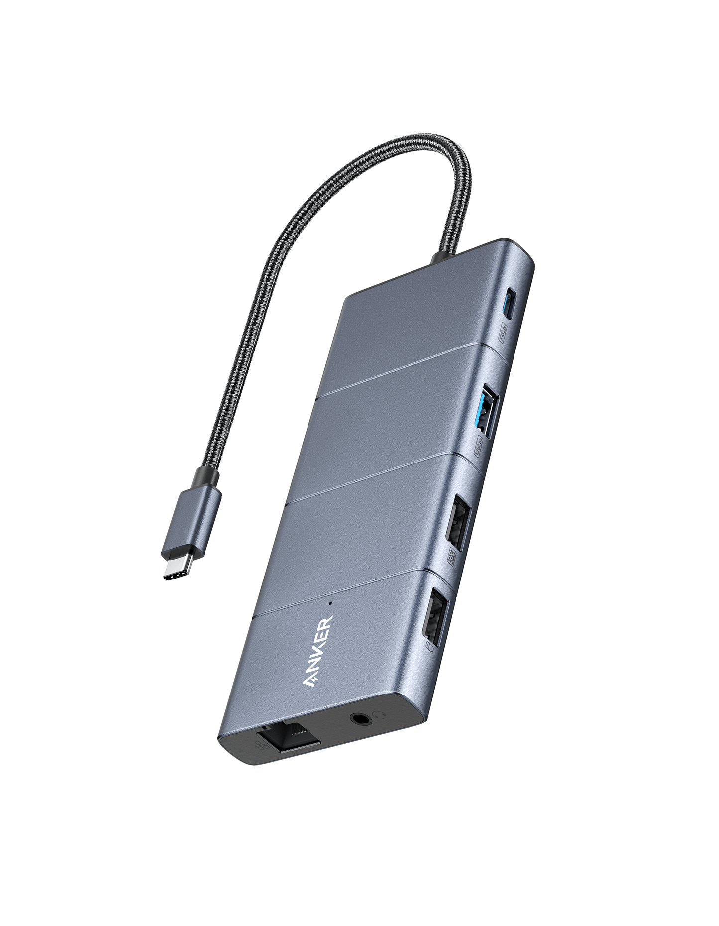 The Anker 565 USB-C Hub (11-in-1) is a sleek silver hub with a braided cable, offering pass-through charging, 4K HDMI, USB-A, Ethernet, an audio jack, and a metallic surface featuring the Anker logo on a white background.