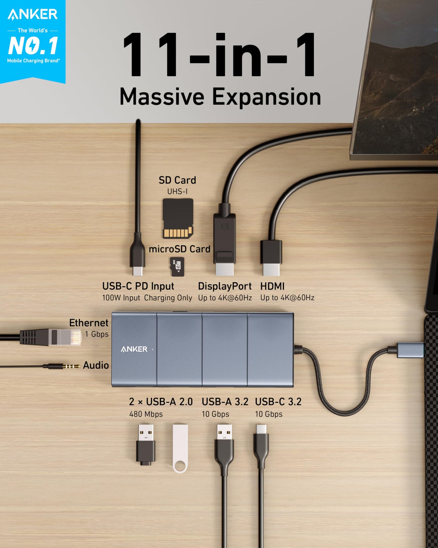 A top-down view of the Anker 565 USB-C Hub (11-in-1) on a wooden desk, connected to a laptop and devices via labeled ports—SD, microSD, DisplayPort, 4K HDMI, Ethernet, audio—showcasing its expansion and pass-through charging.