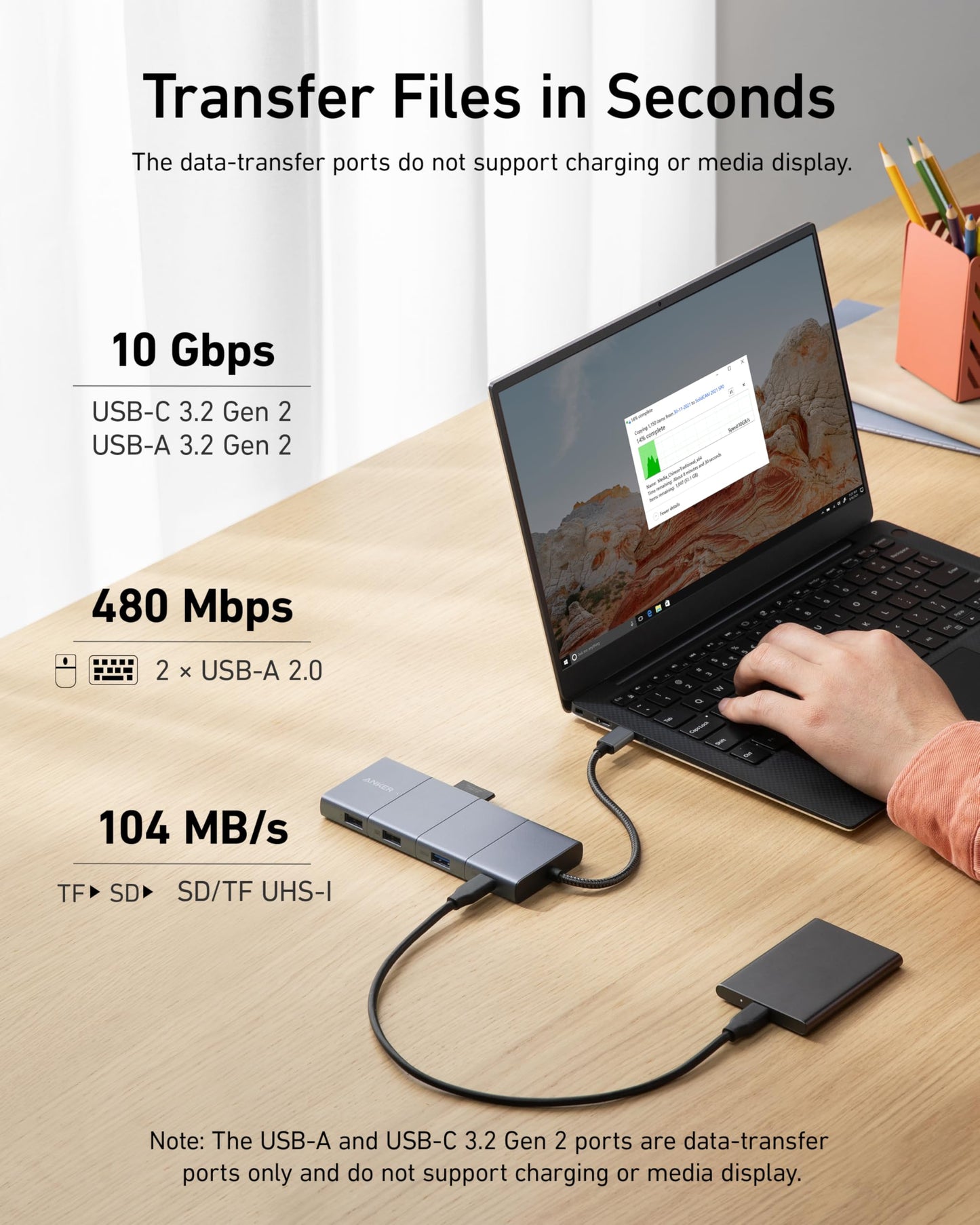 A person uses a black laptop with an Anker 565 USB-C Hub (11-in-1) in silver for pass-through charging, connecting to an SD card and external drive. The screen shows a file transfer window and port data speeds.