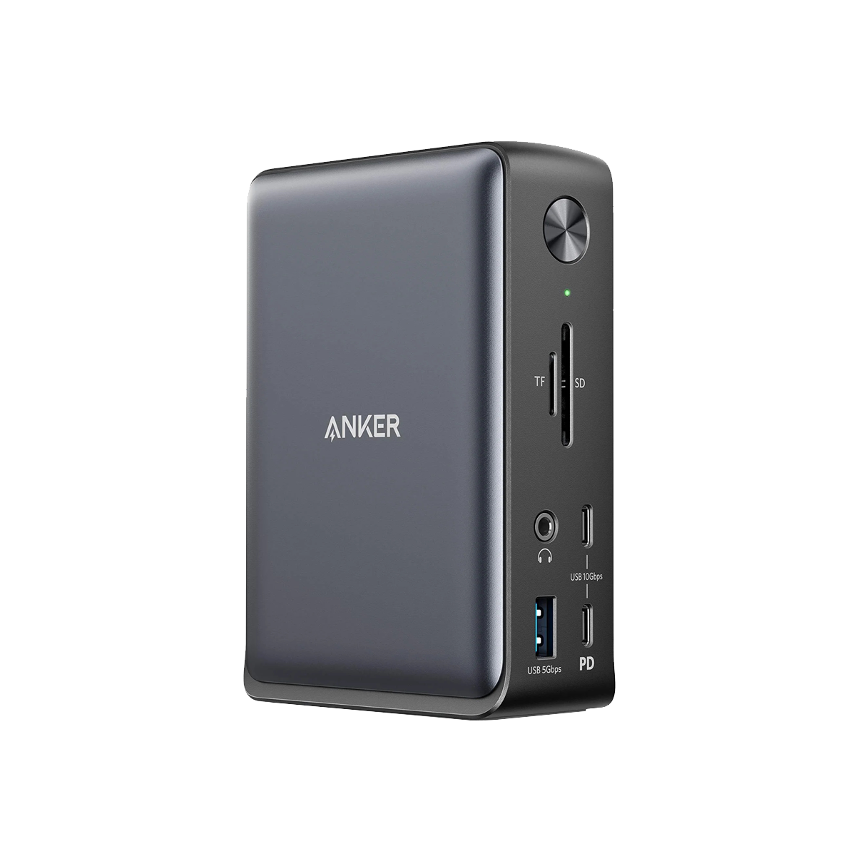 The Anker 575 USB-C Docking Station (13-in-1) is a sleek, rectangular metallic gray hub with labeled SD, microSD, USB-A, and USB-C PD ports. A top-right power button with green indicator stands out against a plain white background.