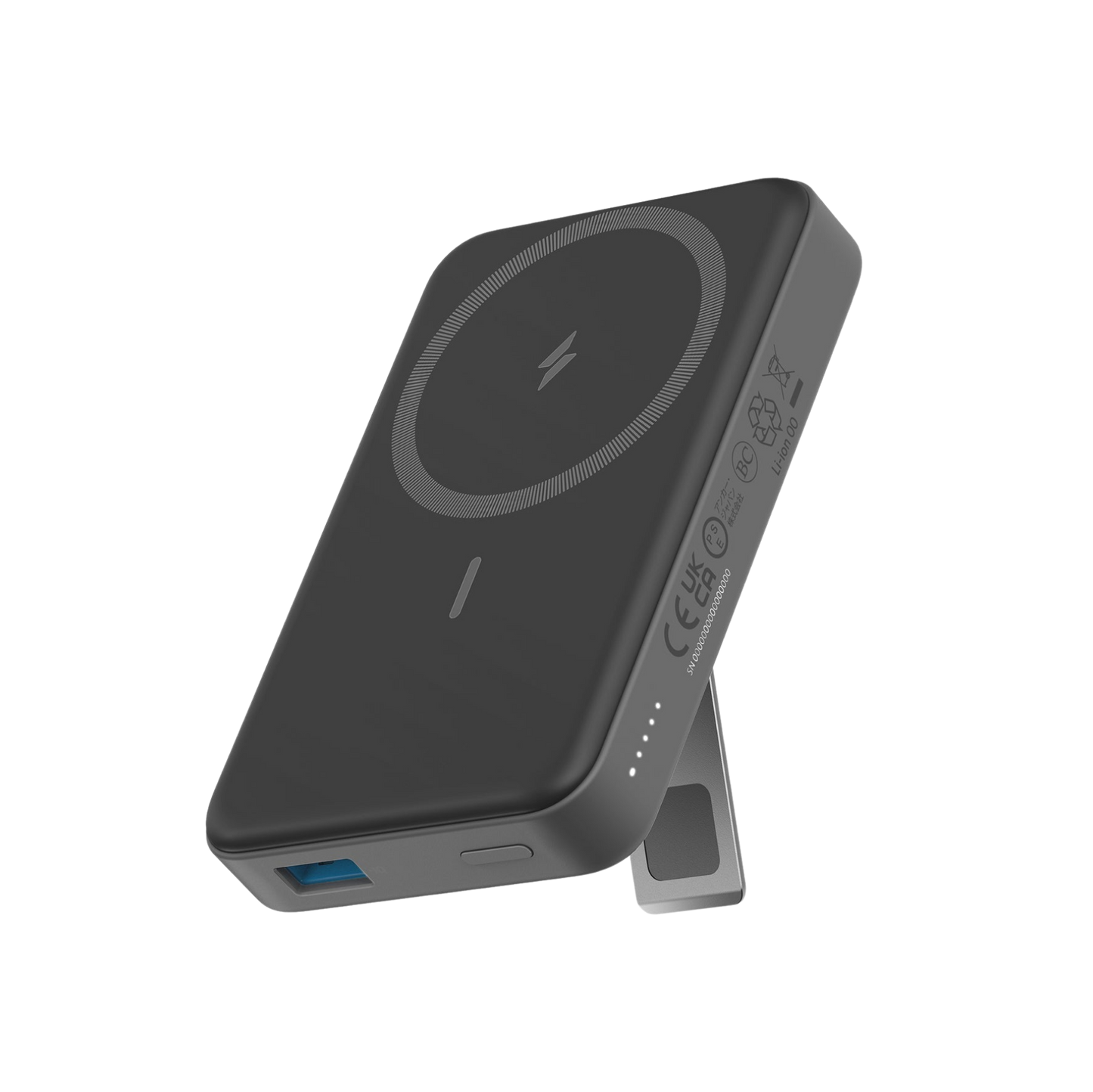 The Anker 633 Magnetic Battery by Anker is a black, rectangular 10,000mAh portable wireless charger with a circular charging pad, LED indicators, stand, USB port, and certification markings shown on a white background.