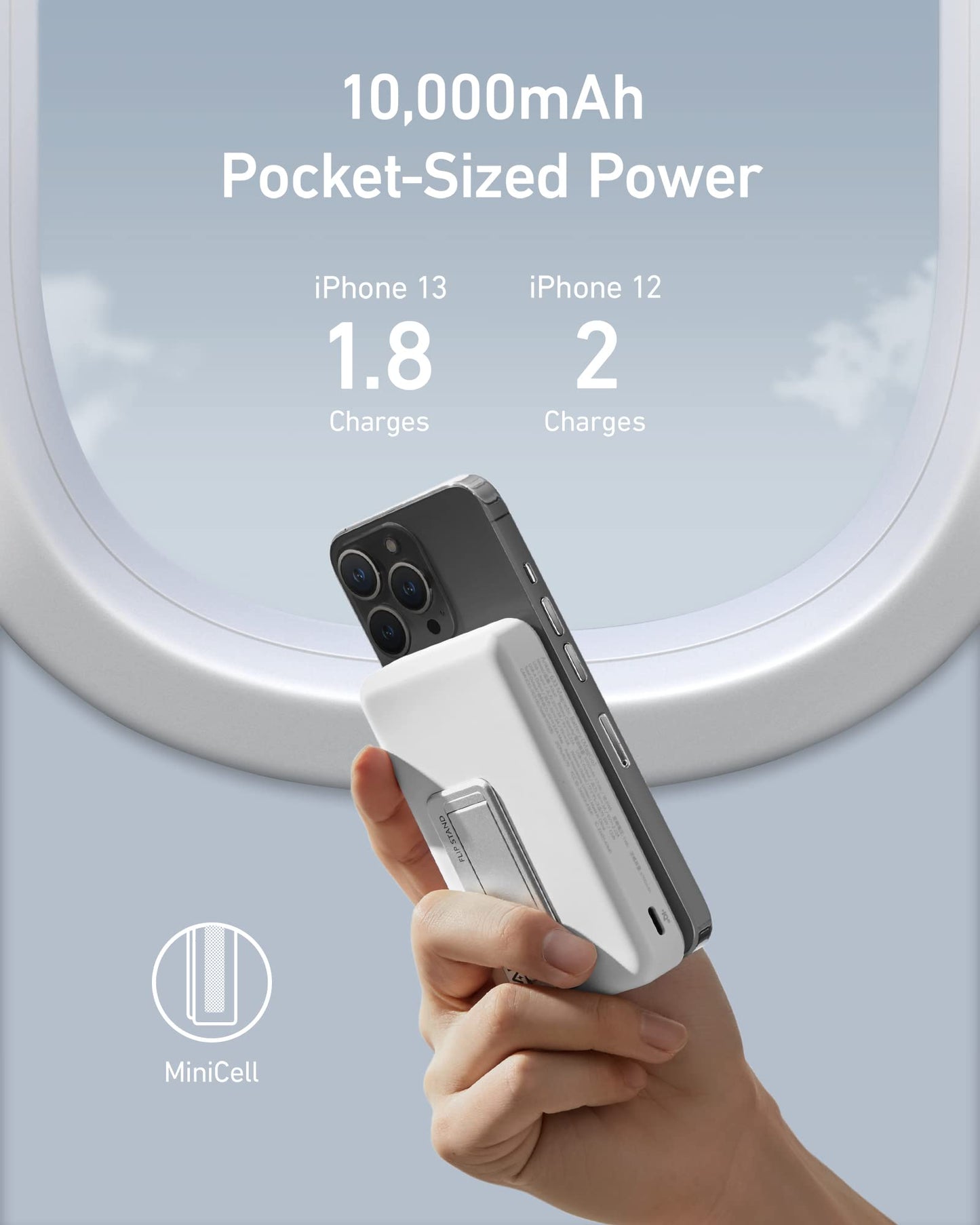 A hand holds an Anker 633 Magnetic Battery attached to an iPhone by an airplane window. Text above reads "10,000mAh Pocket-Sized Power," shows: "iPhone 13, 1.8 Charges" & "iPhone 12, 2 Charges." Anker MiniCell icon at bottom left.