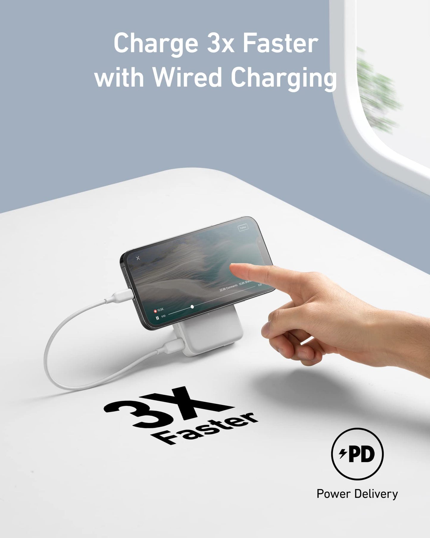 A hand touches an Anker 633 Magnetic Battery on a white stand, wired for charging. The phone screen shows a paused video. Text above: "Charge 3x Faster with Wired Charging." Below: “3x Faster,” Power Delivery icon, and 10,000mAh.