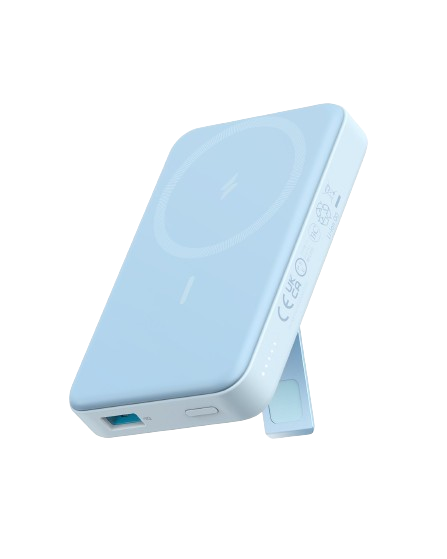 The Anker 633 Magnetic Battery by Anker is a light blue, rectangular 10,000mAh wireless power bank with rounded edges, a magnetic battery, circular charging symbol on top, built-in kickstand, side ports, indicator lights, and certification logos on a white background.