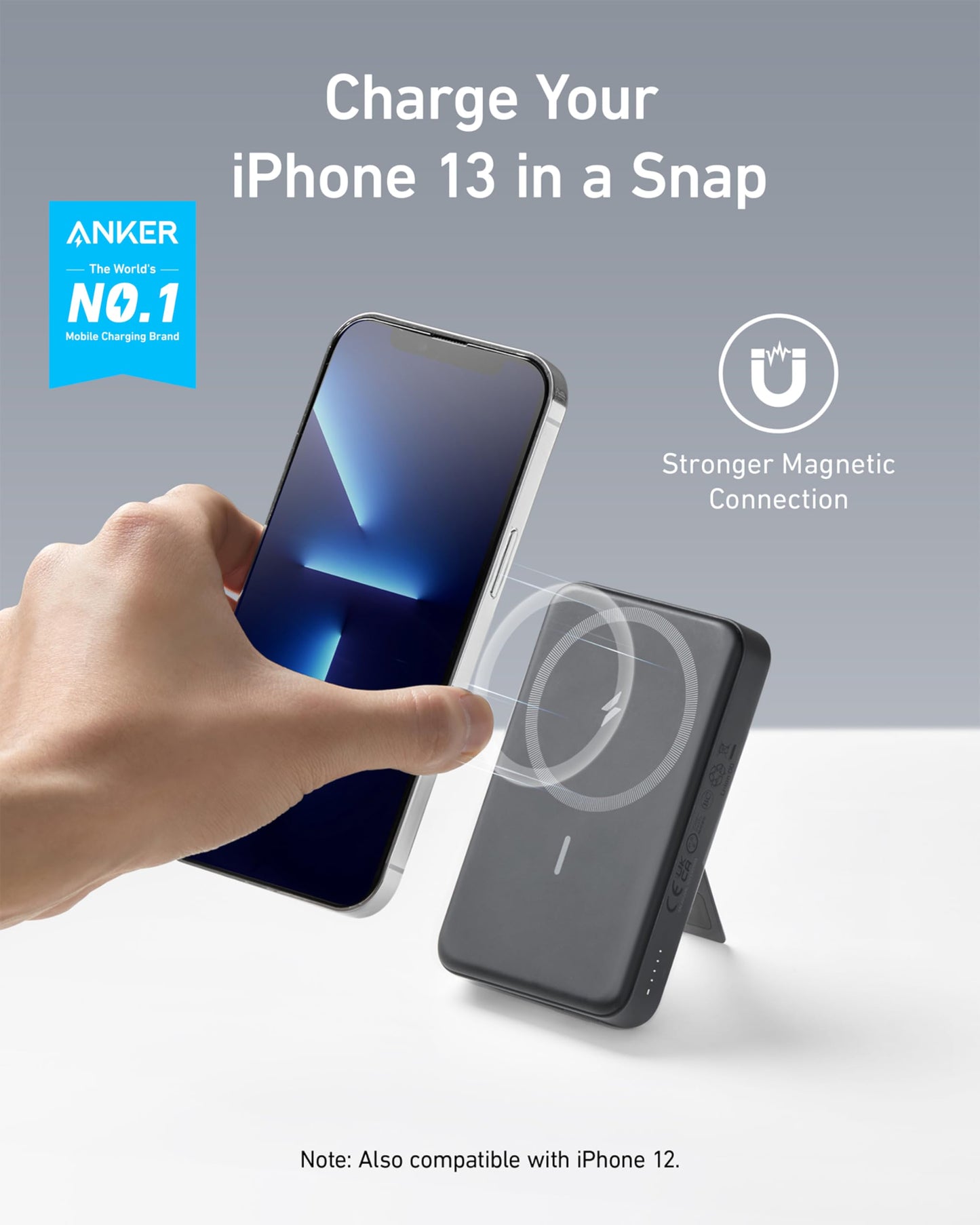 A hand attaches an iPhone 13 to the Anker 633 Magnetic Battery’s black wireless charging stand. Text reads “Charge Your iPhone 13 in a Snap,” “Stronger Magnetic Connection,” 10,000mAh, iPhone 12/13 compatible, with Anker’s No.1 brand logo.