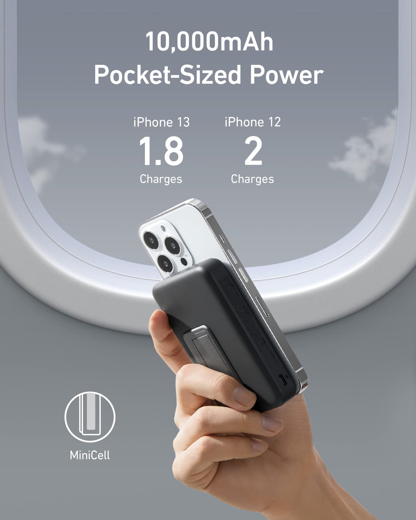 A hand holds an Anker 633 Magnetic Battery and an iPhone by an airplane window. Text: 10,000mAh Pocket-Sized Power, iPhone 13: 1.8 Charges, iPhone 12: 2 Charges, MiniCell icon. Brand: Anker.