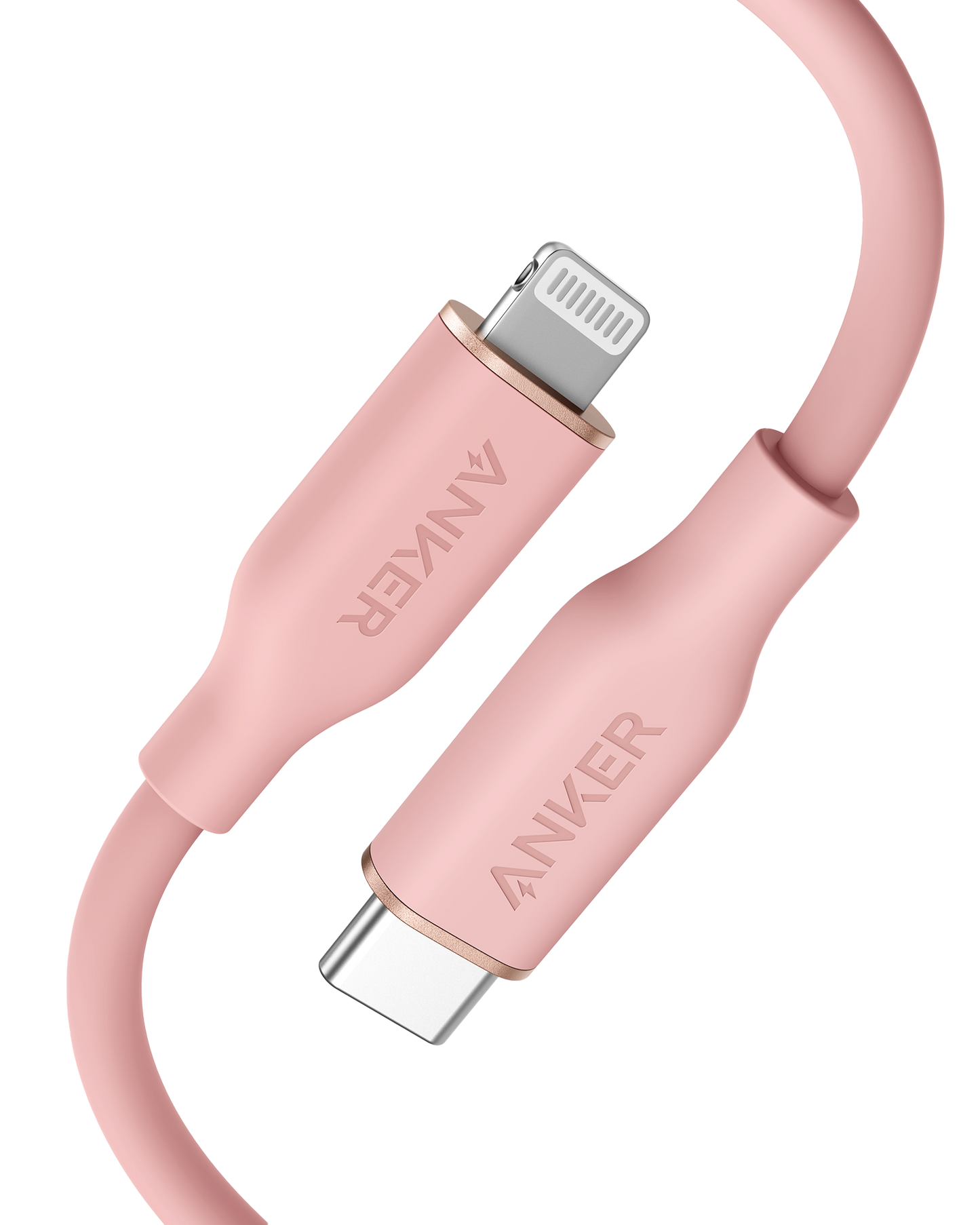 A close-up of the pink Anker 641 USB-C to Lightning Cable (Flow, 3 ft Silicone) on a white background. Both connectors display the "ANKER" logo in matching pink.
