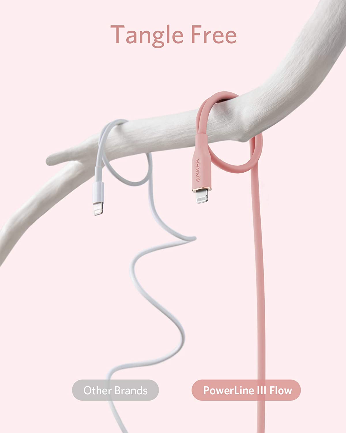 A white branch holds two cables: a tangled gray one for other brands and a smooth pink silicone Anker 641 USB-C to Lightning Cable (Flow, 3 ft). "Tangle Free" in pink highlights this MFi certified Anker product.
