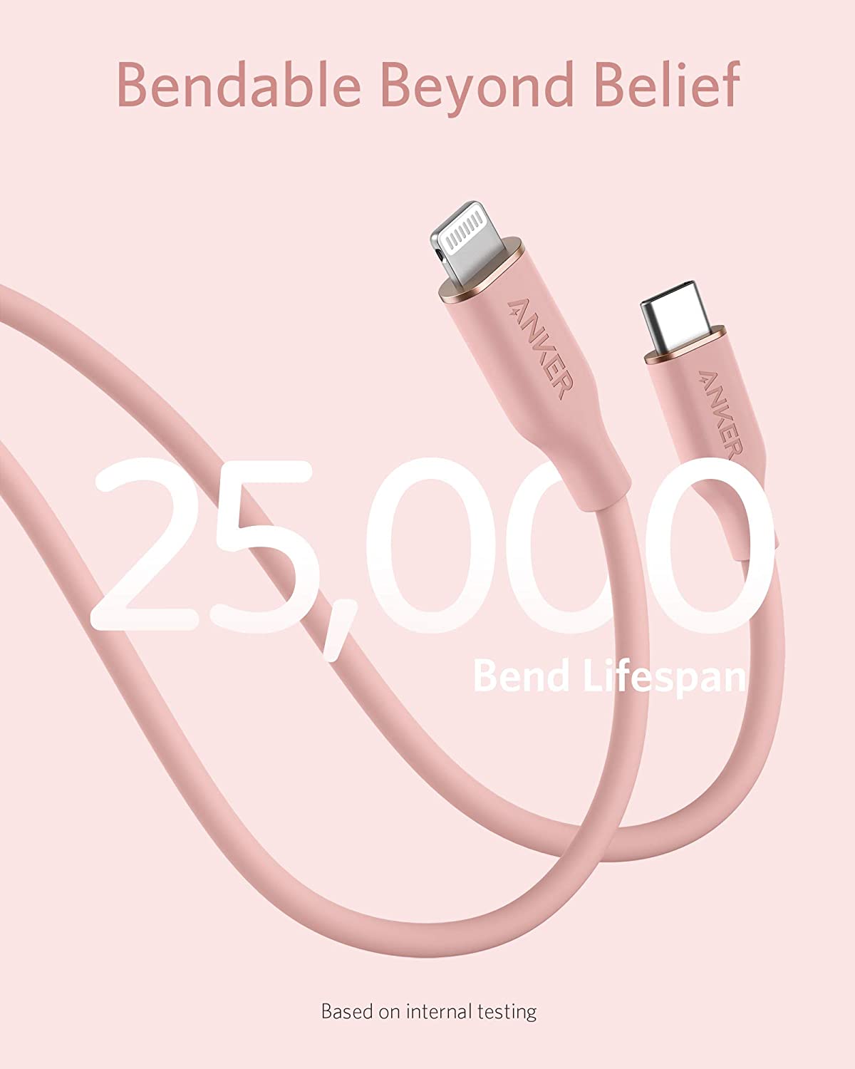 The Anker 641 USB-C to Lightning Cable (Flow, 3 ft Silicone) in pink is shown bent on a pale pink background. Text highlights “25,000 Bend Lifespan”, “Bendable Beyond Belief,” and notes this is “Based on internal testing.”.
