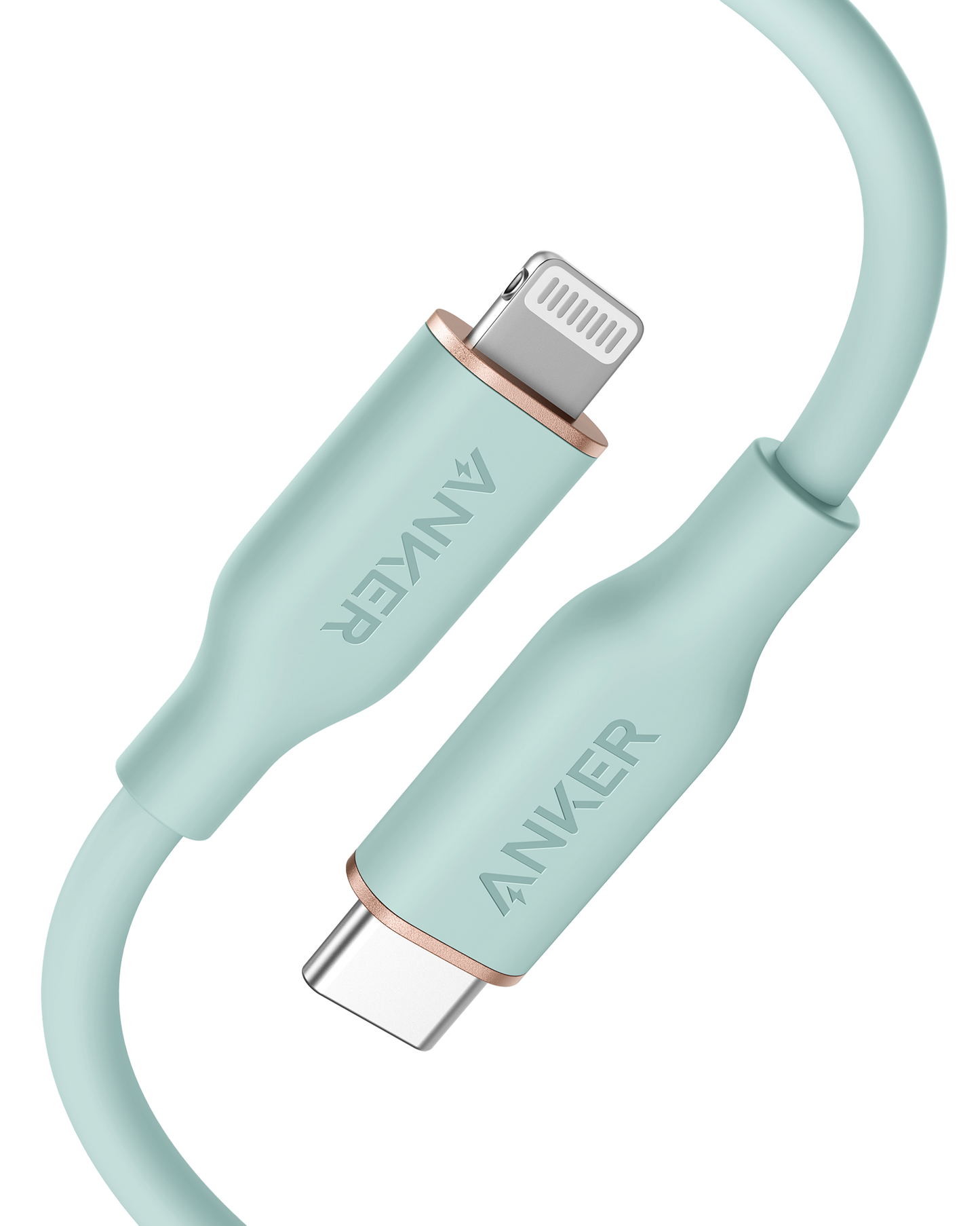 The Anker 641 USB-C to Lightning Cable (Flow, 3 ft Silicone) in mint green is shown on a white background, featuring MFi certified connectors with metallic accents and the Anker brand name printed on each side.
