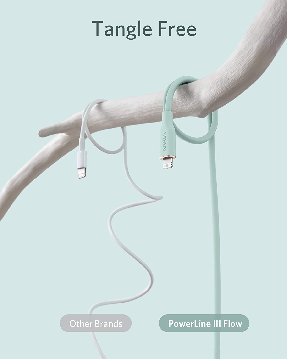 A pale branch holds two charging cables: a tangled white cable labeled Other Brands and a smooth, mint green silicone cable labeled Anker 641 USB-C to Lightning Cable (Flow, 3 ft Silicone). Above, “Tangle Free” appears on a light blue background.