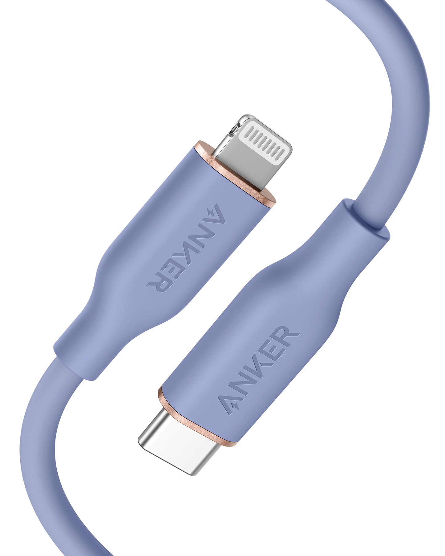 A close-up of the Anker 641 USB-C to Lightning Cable (Flow, 3 ft Silicone) in lavender shows both connectors with rose gold accents and ANKER branding on a plain white background.