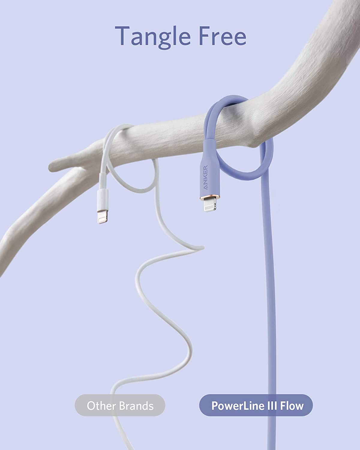 Two charging cables hang from a white branch: the left, labeled Other Brands, is tangled; the right—Anker 641 USB-C to Lightning Cable (Flow, 3 ft Silicone)—hangs neatly. "Tangle Free" appears at the top of the pale purple backdrop.