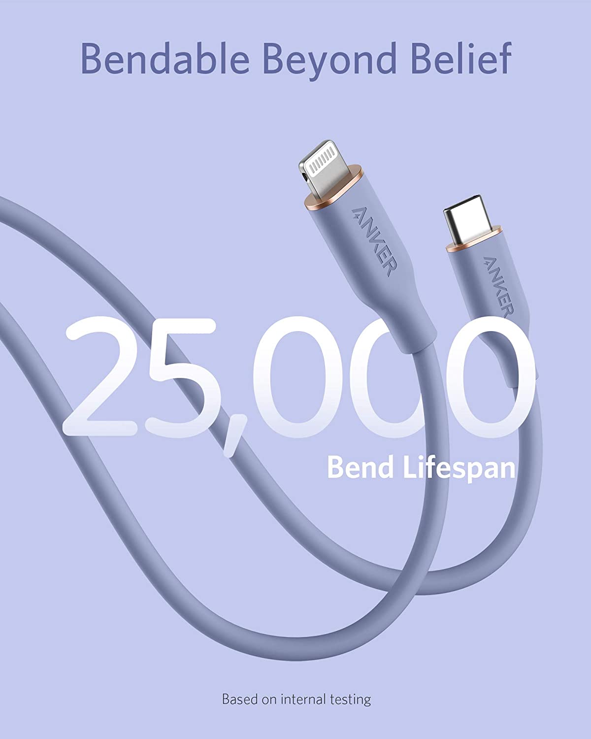 A purple Anker 641 USB-C to Lightning Cable (Flow, 3 ft Silicone) is displayed on a purple background. Large text states 25,000 Bend Lifespan and "Bendable Beyond Belief." Small print notes: Based on internal testing.