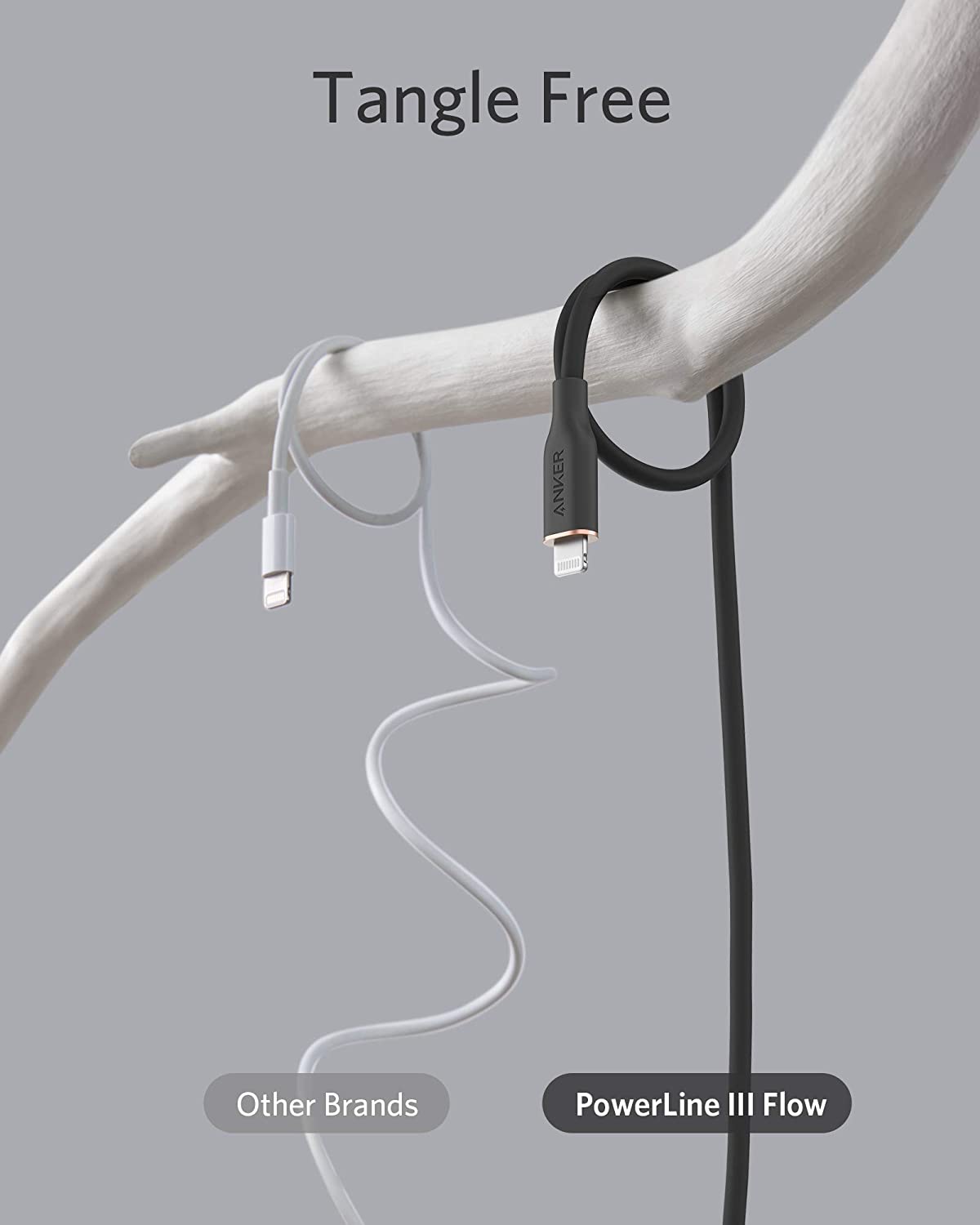 A gray cable labeled Other Brands hangs tangled, while the black Anker 641 USB-C to Lightning Cable (Flow, 3 ft Silicone) wraps smoothly without tangling. "Tangle Free" appears above on a light gray background.