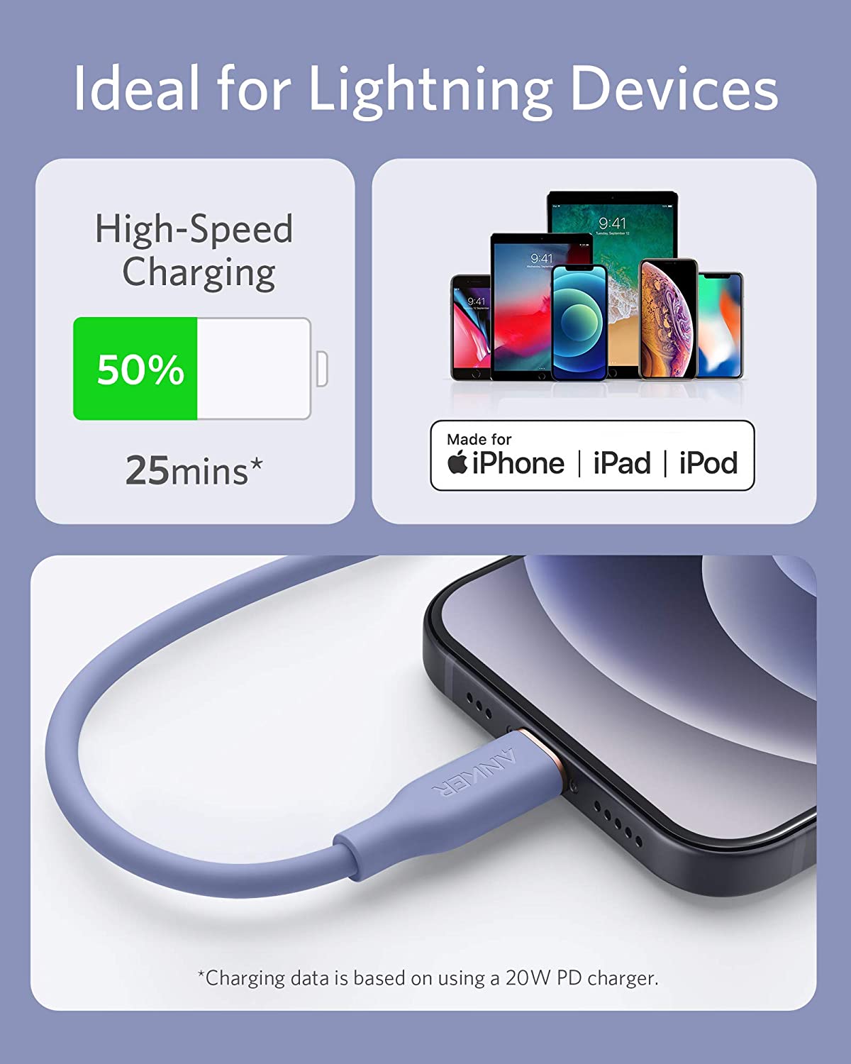 A lavender Anker 641 USB-C to Lightning Cable (Flow, 3 ft Silicone), MFi certified, charges Lightning devices up to 50% in 25 mins; compatible with iPhone, iPad, and iPod. Ideal for high-speed charging of Apple devices.
