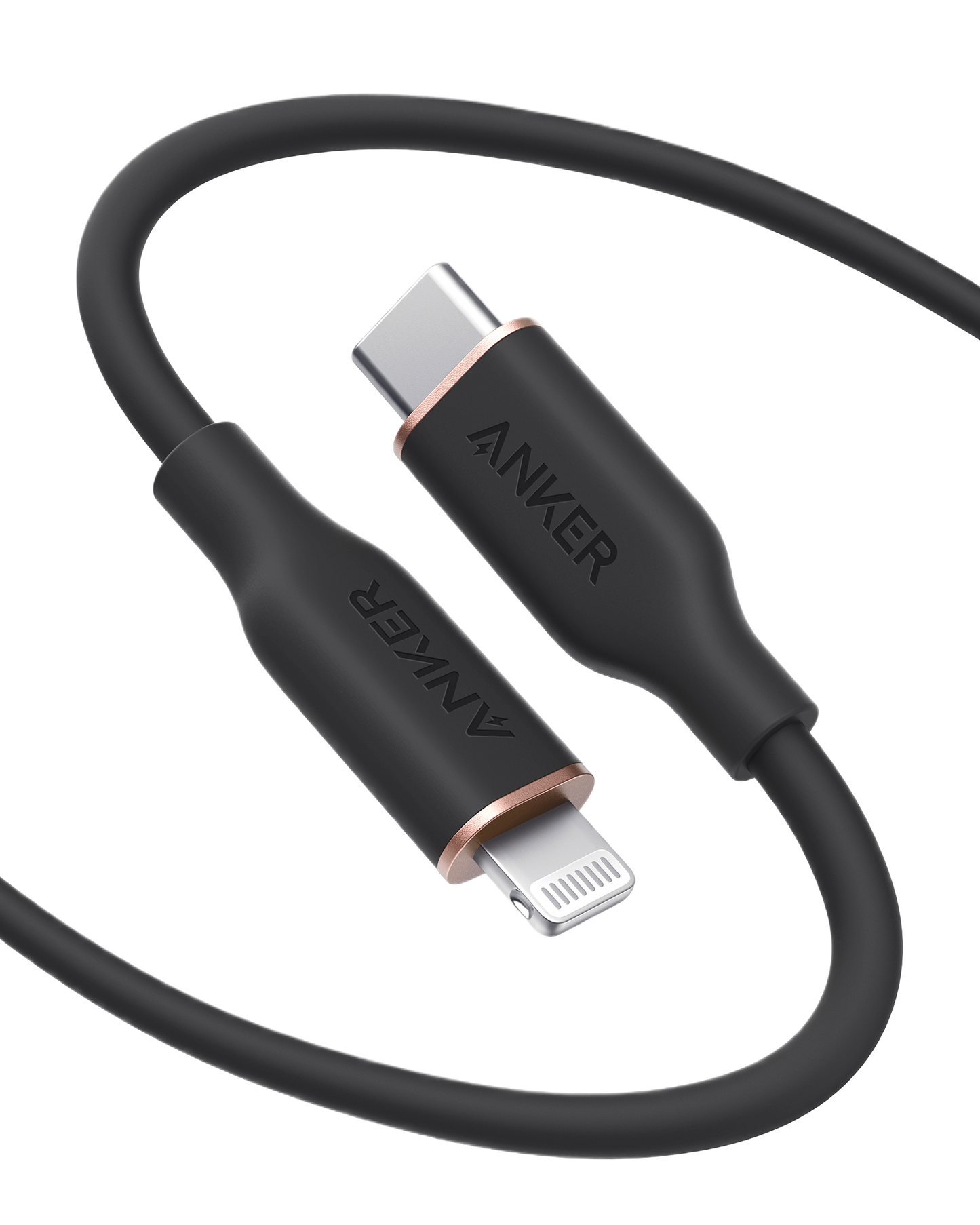 The Anker 641 USB-C to Lightning Cable (Flow, 3 ft Silicone) is shown in black, featuring metallic ringed USB-C and Lightning connectors with the Anker logo. MFi certified, the cable is displayed against a plain white background.