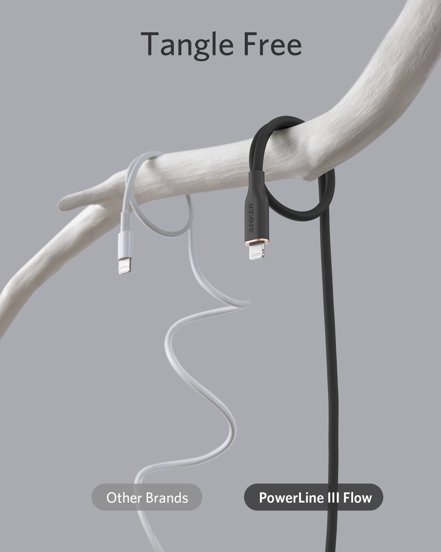 A smooth, black Anker 641 USB-C to Lightning Cable (Flow, 3 ft Silicone) hangs tangle-free from a branch, while a twisted light gray cable from another brand dangles nearby. Text reads "Tangle Free," comparing Other Brands and Anker 641 beneath each cable.