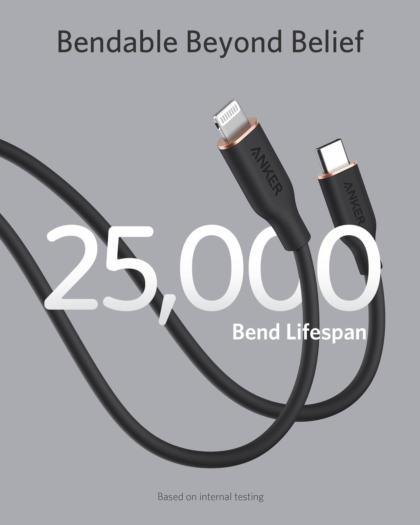 Two black Anker 641 USB-C to Lightning Cables (Flow, 3 ft Silicone) curve across a gray background. Large white text reads “25,000 Bend Lifespan,” with “Bendable Beyond Belief” above and small text below: “Based on internal testing.”.
