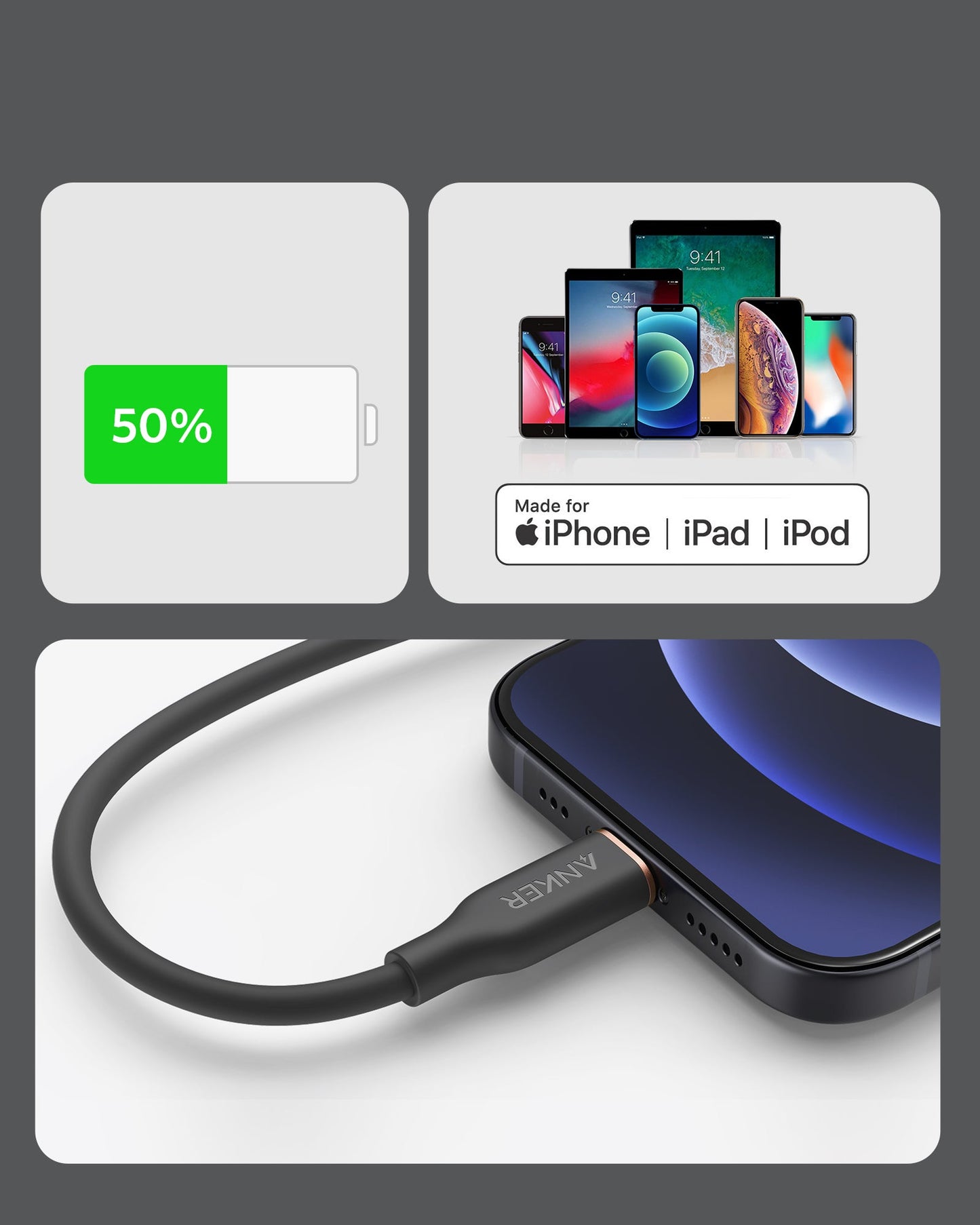 A collage shows a half-full battery at 50%, Apple devices with “Made for iPhone | iPad | iPod,” and a close-up of the Anker 641 USB-C to Lightning Cable (Flow, 3 ft Silicone), highlighting reliable charging for Apple devices.