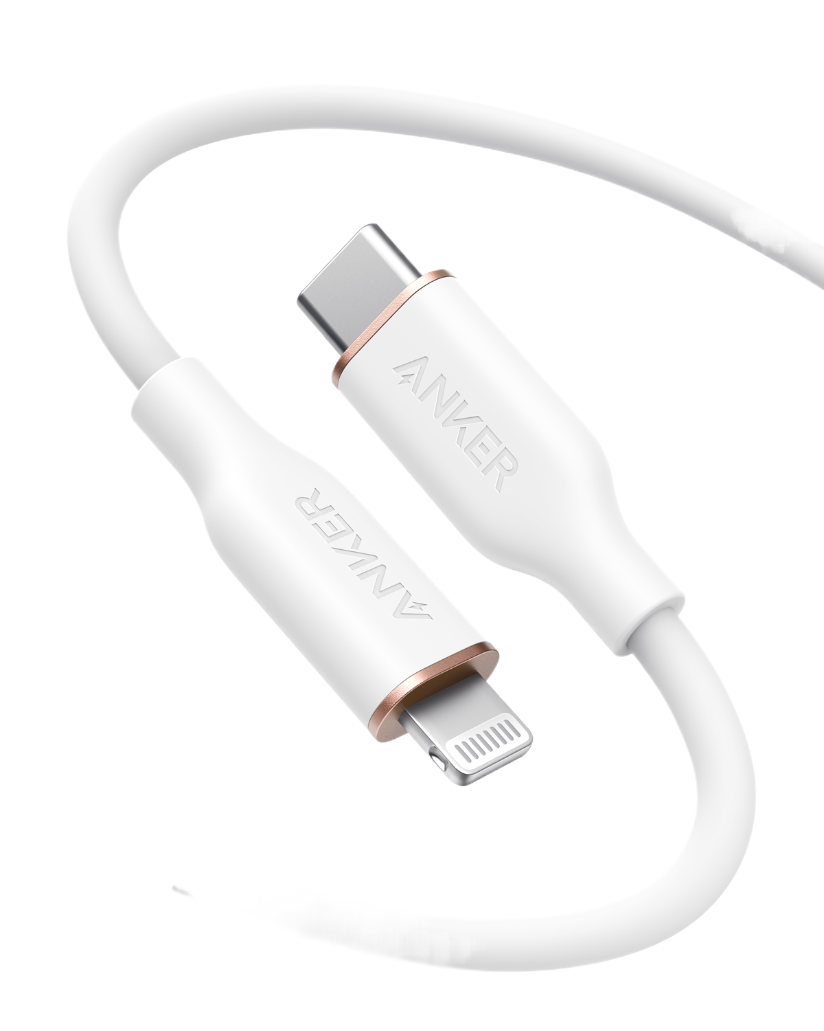 The Anker 641 USB-C to Lightning Cable (Flow, 3 ft Silicone) is a minimalistic white charging cable with metallic rose gold rings, “ANKER” branding, and MFi certification, combining style and reliability in a sleek silicone design.