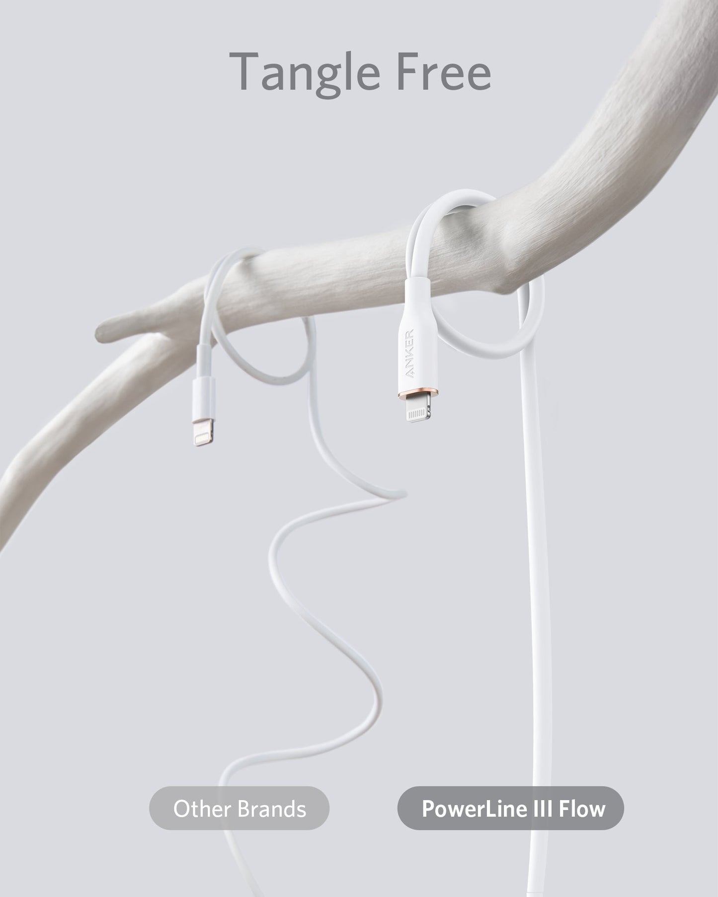 Two white charging cables hang from a pale branch. The left (Other Brands) is tangled, while the right Anker 641 USB-C to Lightning Cable (Flow, 3 ft Silicone) hangs smoothly and untangled. "Tangle Free" appears above on a light gray background.