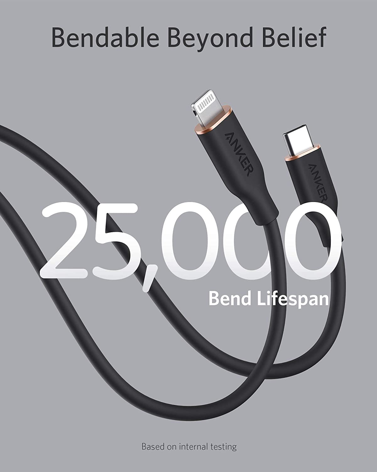 A black Anker 641 USB-C to Lightning Cable (Flow, 3 ft Silicone) is displayed on a gray background. Text highlights a 25,000 bend lifespan and the phrase "Bendable Beyond Belief," with small print noting this is based on internal testing.