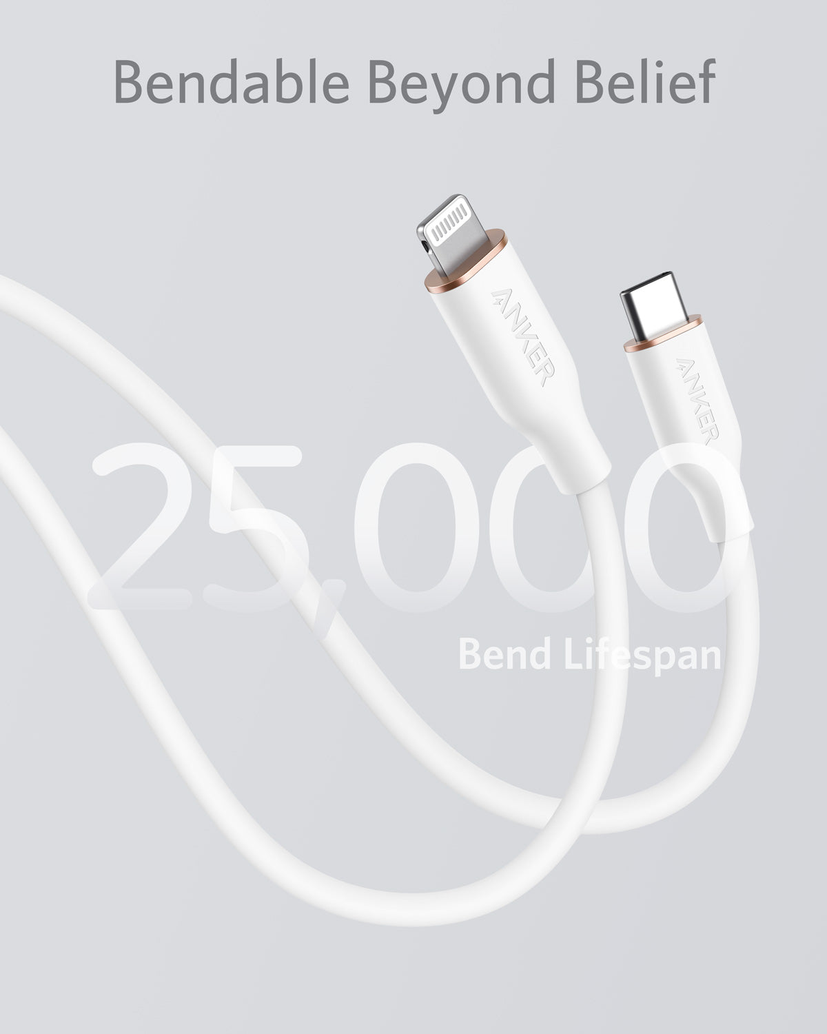 The Anker 641 USB-C to Lightning Cable (Flow, 3 ft Silicone) from Anker bends smoothly, showcasing a durable design with a 25,000-bend lifespan. The phrase “Bendable Beyond Belief” highlights its superior flexibility and strength.