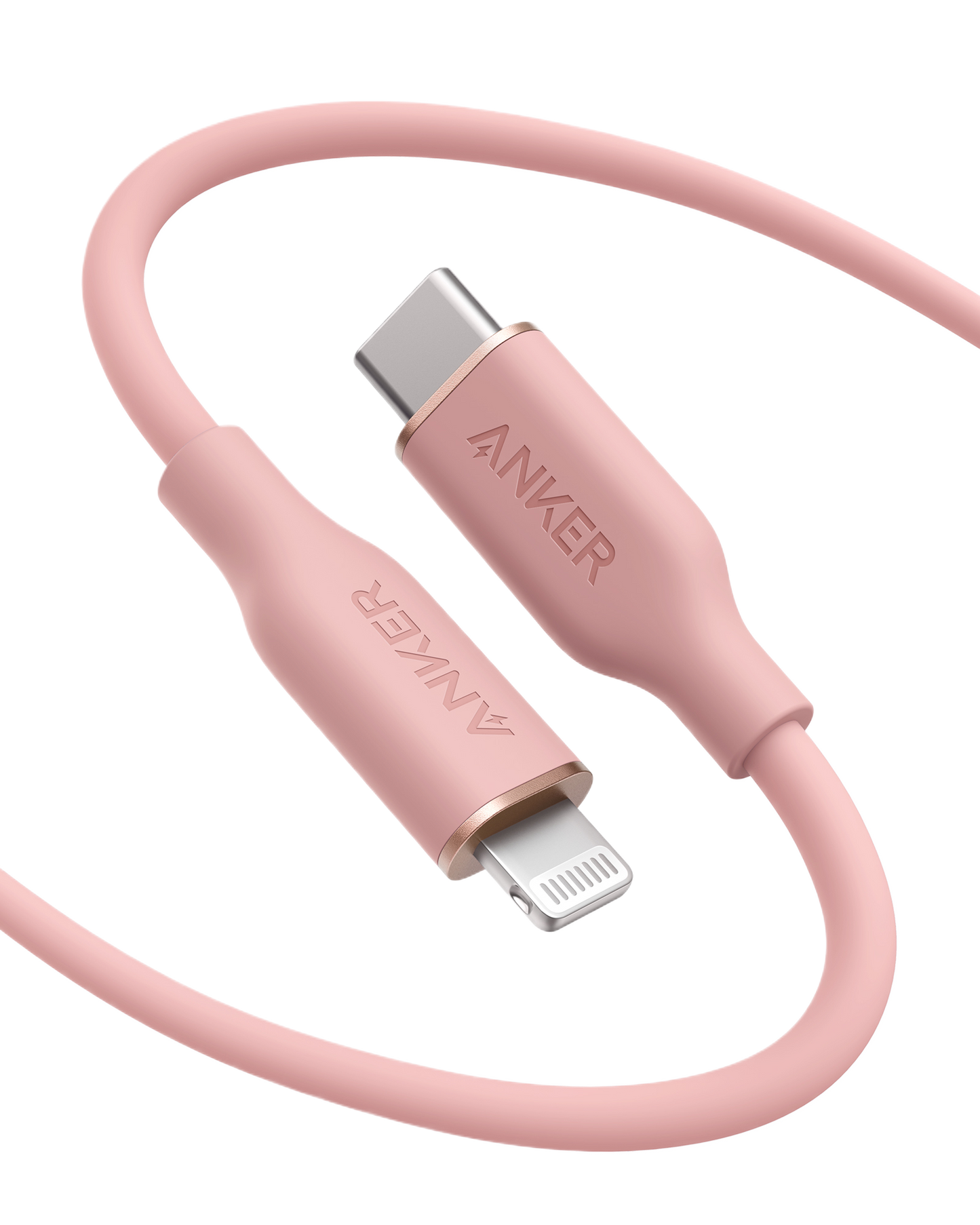 The Anker 641 USB-C to Lightning Cable (Flow, 3 ft Silicone) is a pink, MFi certified charging cable with Anker branding on both connectors, shown slightly coiled on a white background.