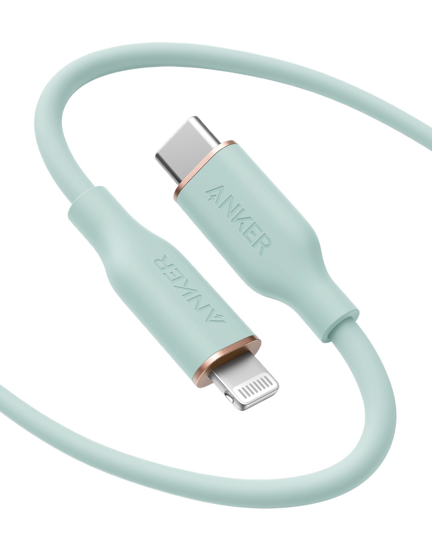 A mint green Anker 641 USB-C to Lightning Cable (Flow, 3 ft Silicone), MFi certified, features metallic accents and the Anker logo on both ends. Coiled in a soft curve, it's displayed against a white background.