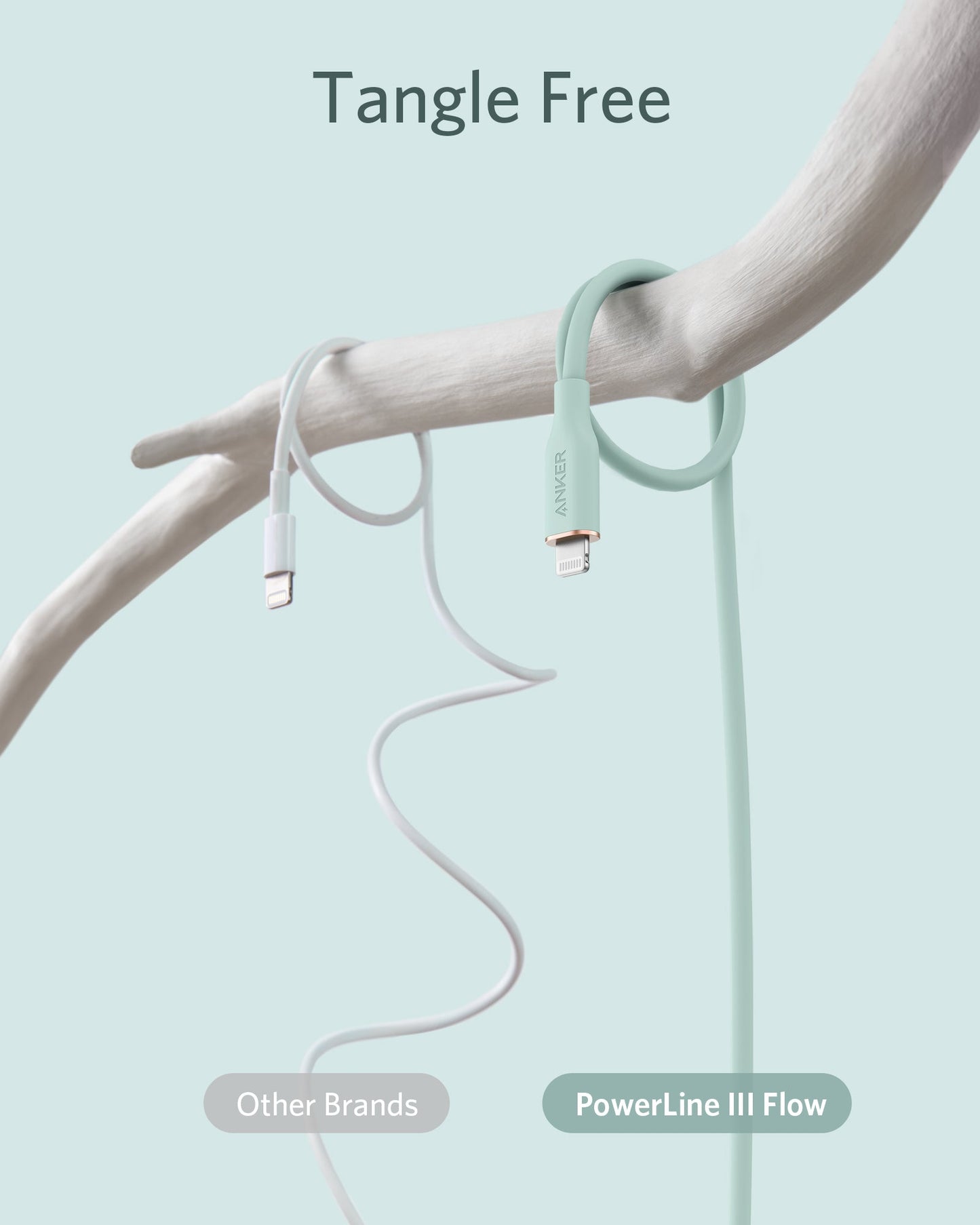 Two charging cables hang from a white branch: the left, labeled "Other Brands," is tangled, while the right—an Anker 641 USB-C to Lightning Cable (Flow, 3 ft Silicone)—is smooth and untangled. The light blue background reads “Tangle Free” at the top.