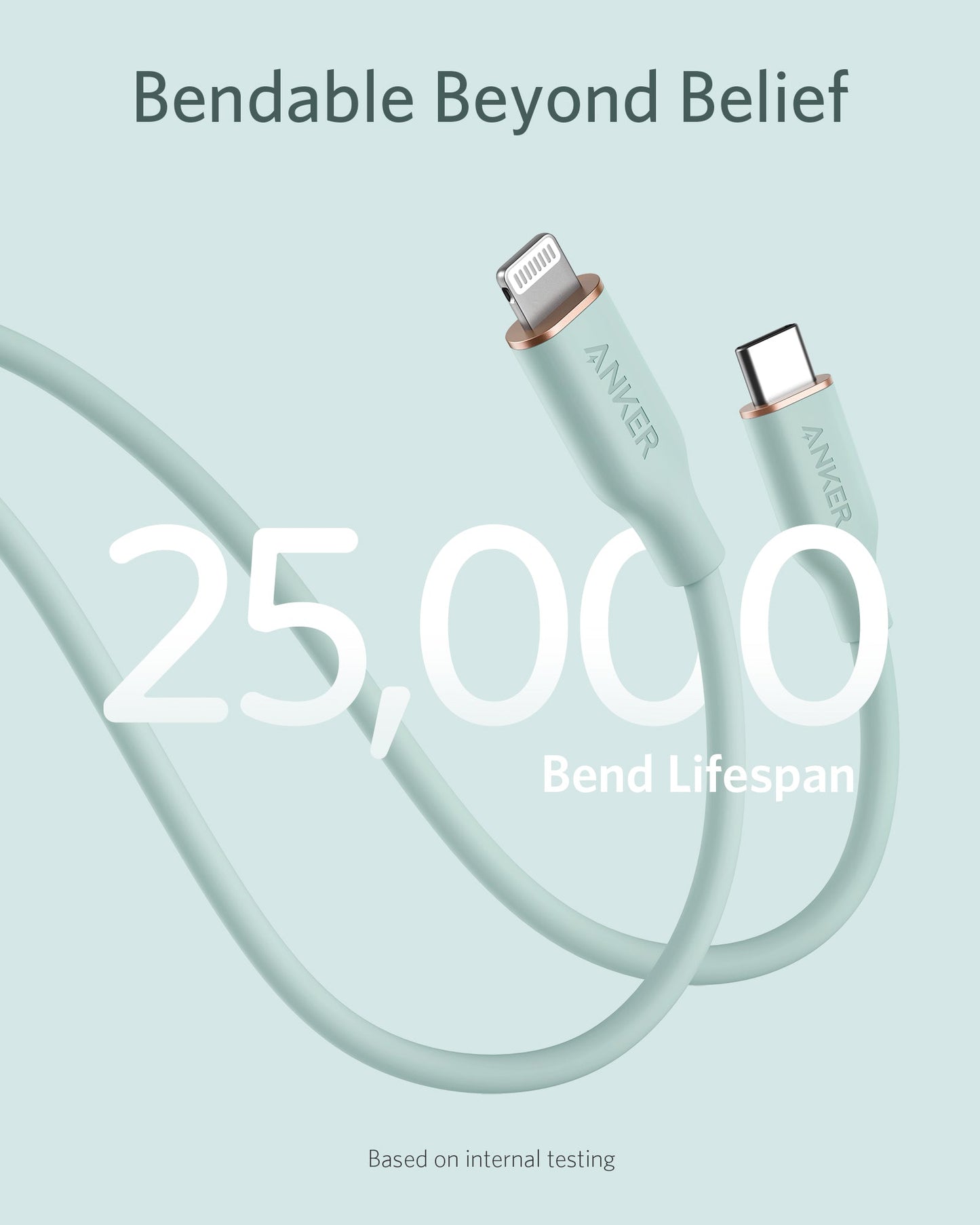 A light green Anker 641 USB-C to Lightning Cable (Flow, 3 ft Silicone) loops gracefully. “25,000 Bend Lifespan” appears in large text, with “Bendable Beyond Belief” above and small print: “Based on internal testing.”.