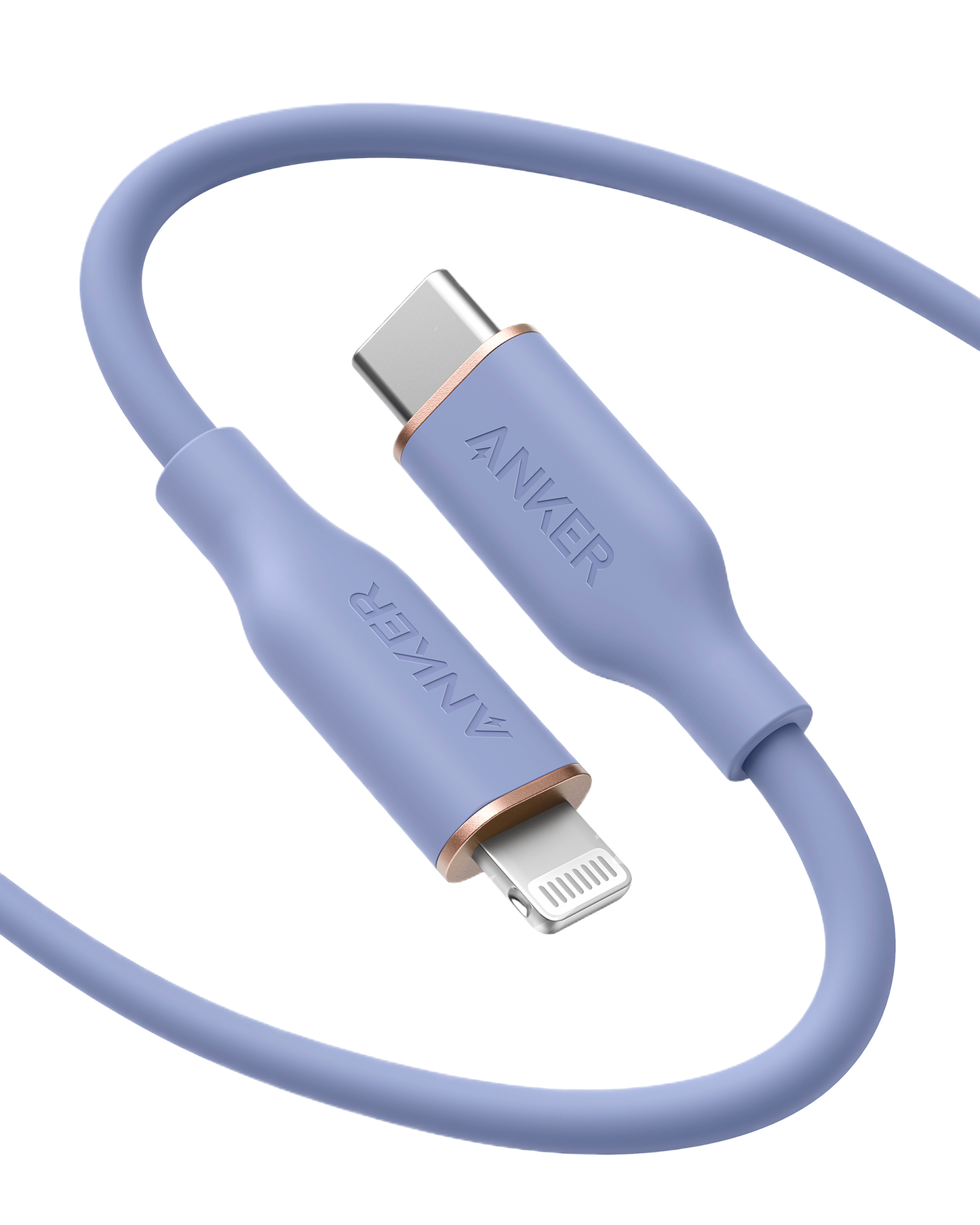 The Anker 641 USB-C to Lightning Cable (Flow, 3 ft Silicone) features a lavender silicone design, MFi certified connectors with silver tips and rose gold accents, and embossed “ANKER” branding on both ends, shown against a white background.